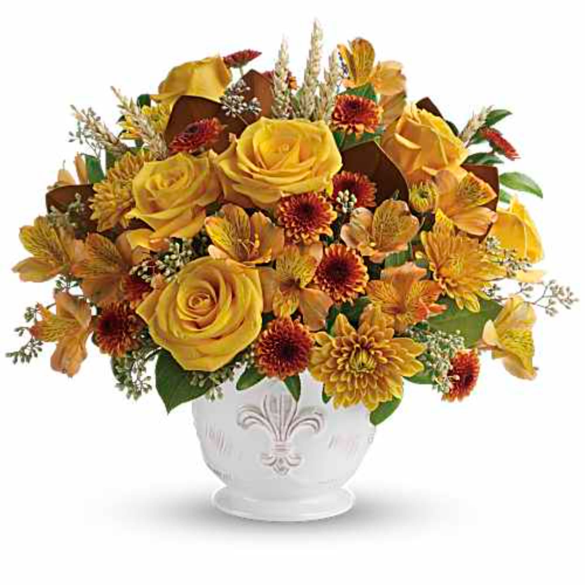 Yellow roses and orange mums in a white vase
