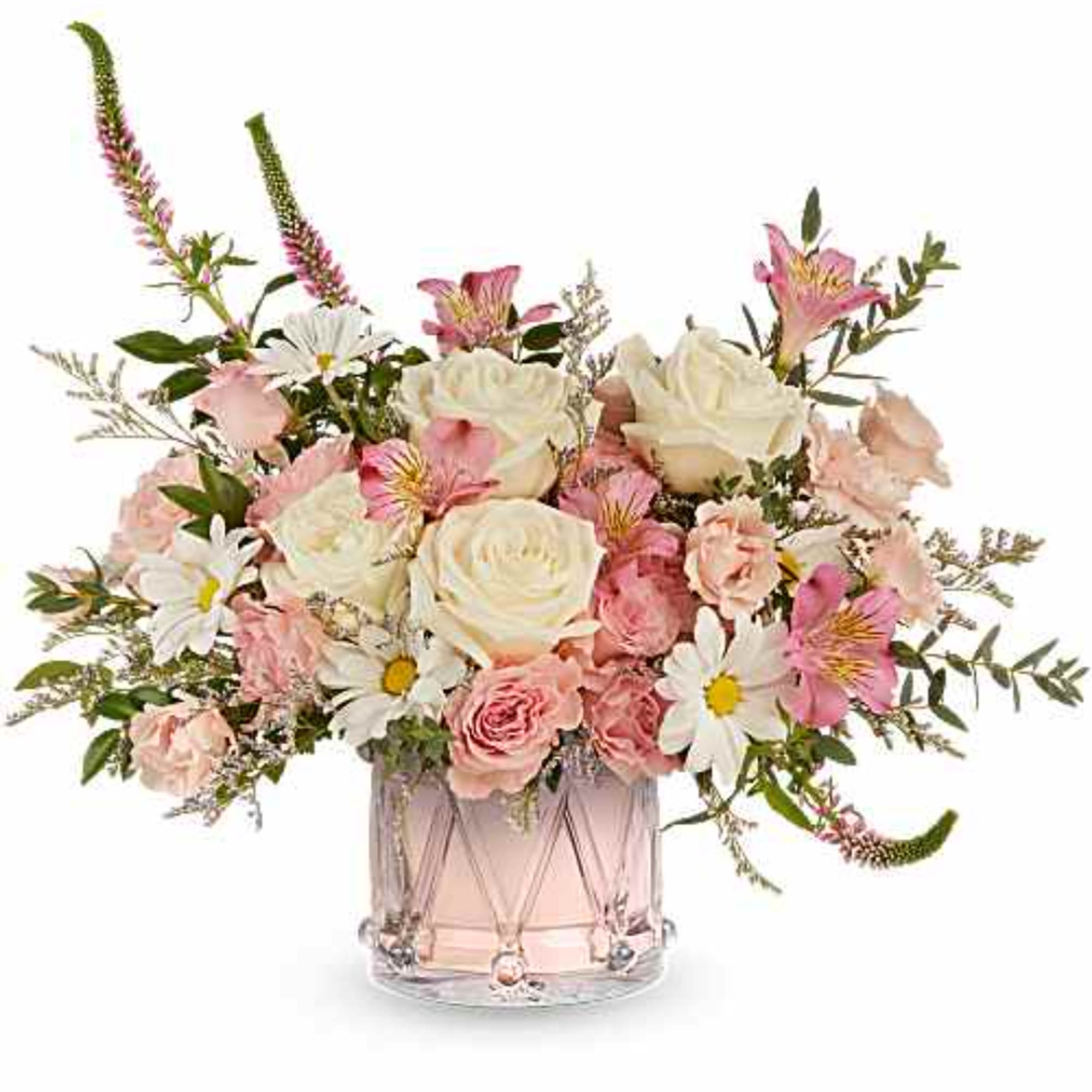 Pink and white mixed flower arrangement in a glass vase