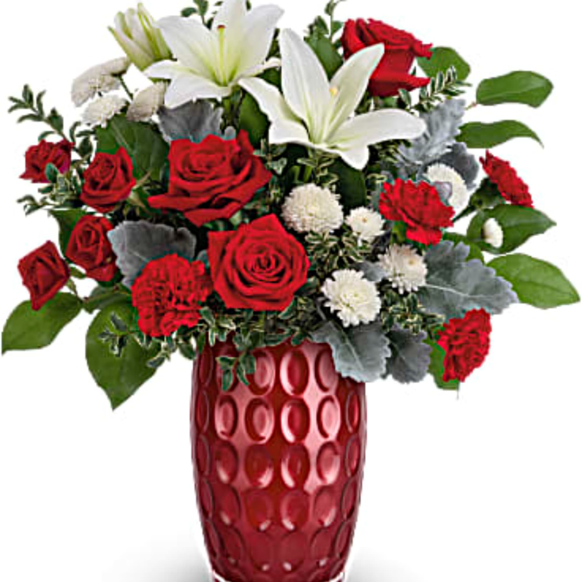Red roses and white lilies in a red textured vase