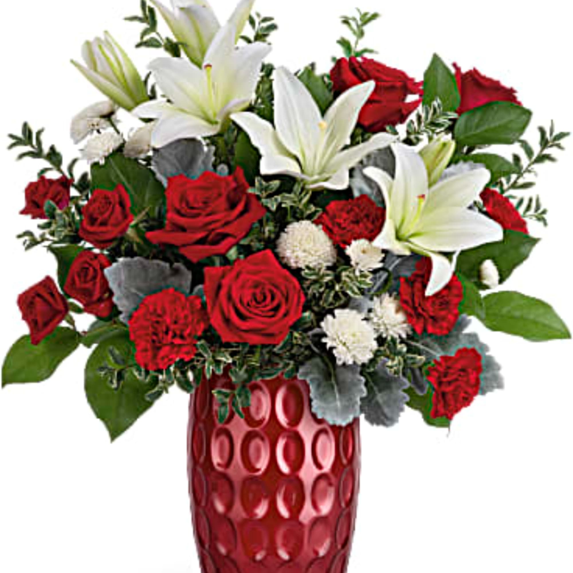 Red roses and white lilies arranged in a red vase