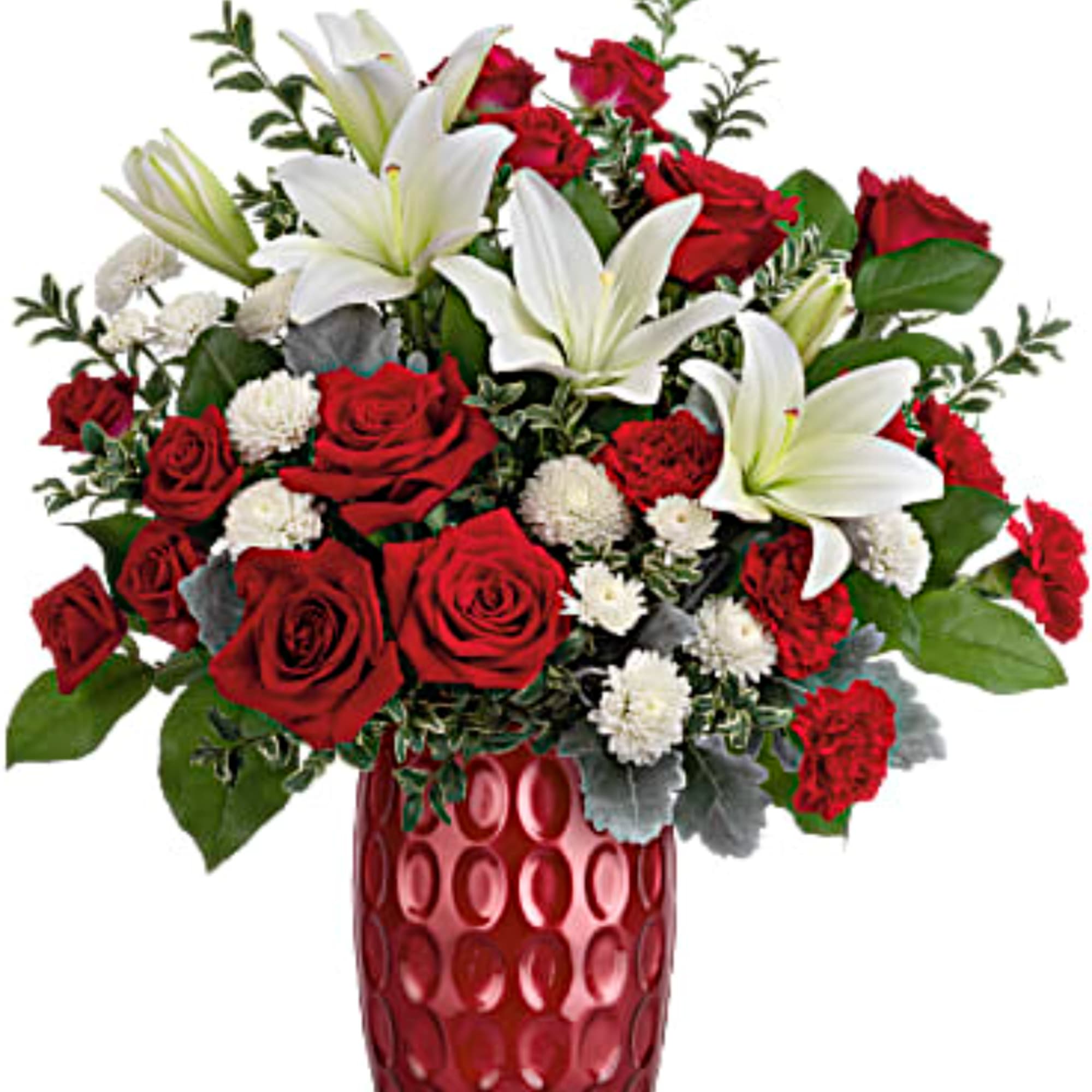Red roses and white lilies in a red textured vase