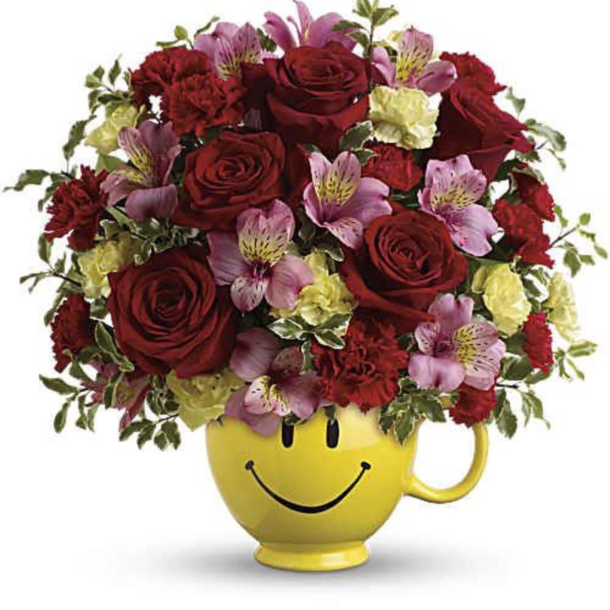 Smiles delivered daily! This cheerful mix of red roses, pink alstroemeria, mini