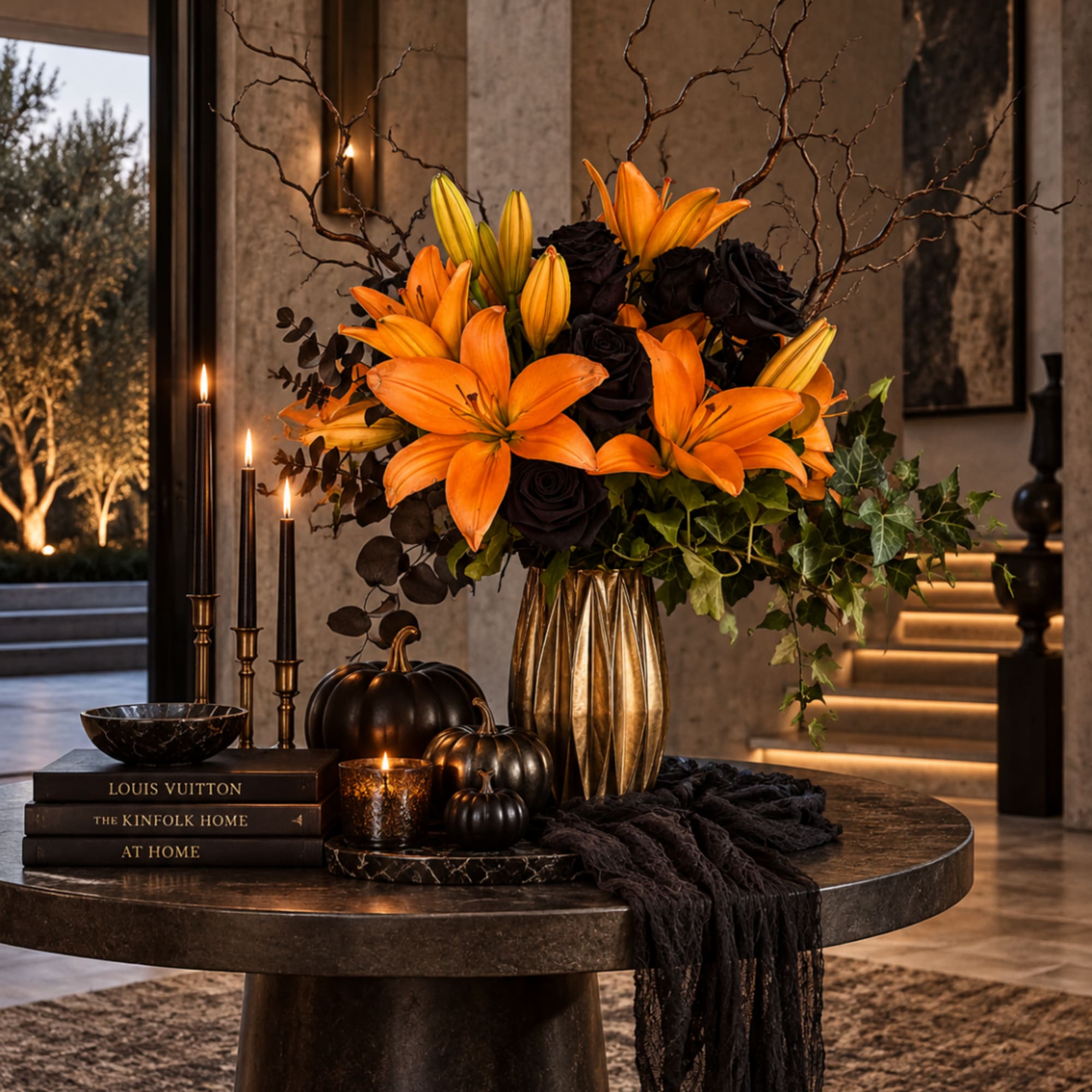 Orange lilies and dark roses in a gold vase with pumpkins and candles