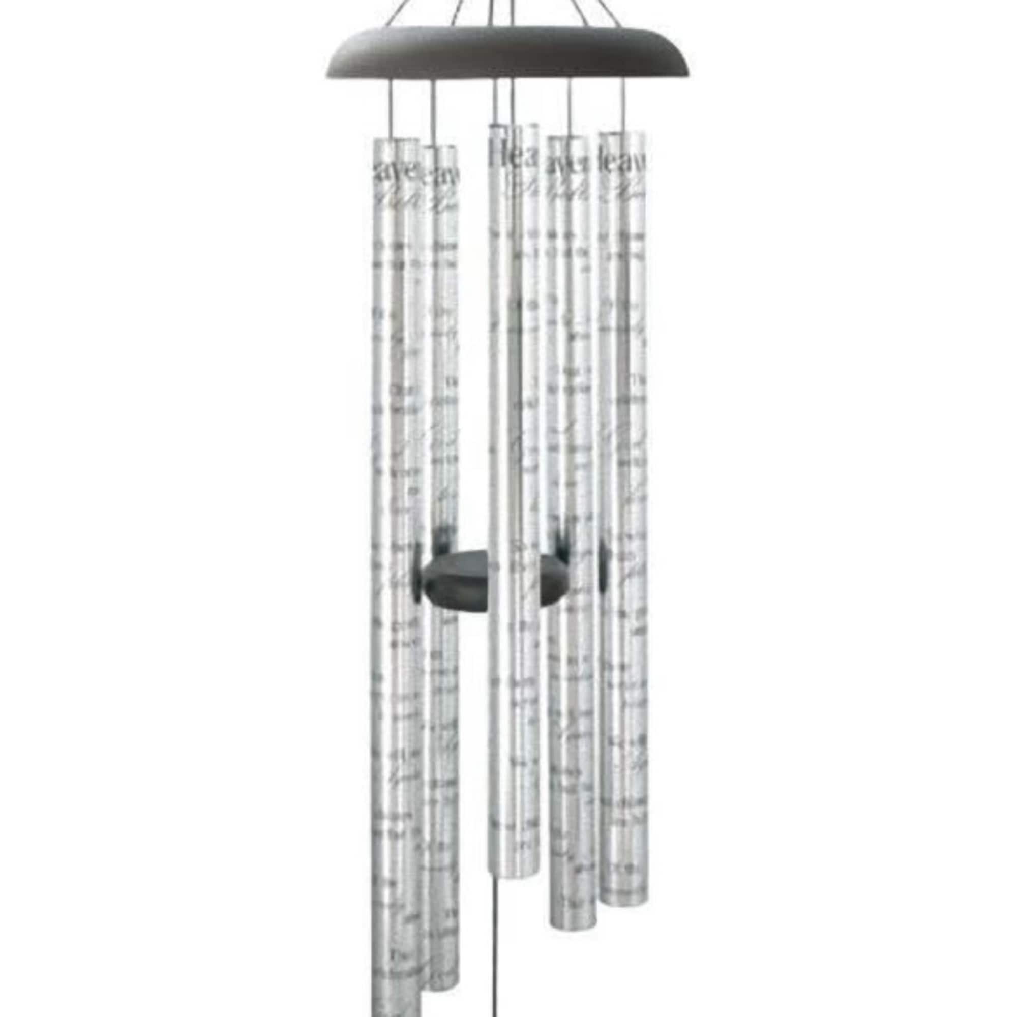 Metal wind chime with silver tubes and a bell-shaped top