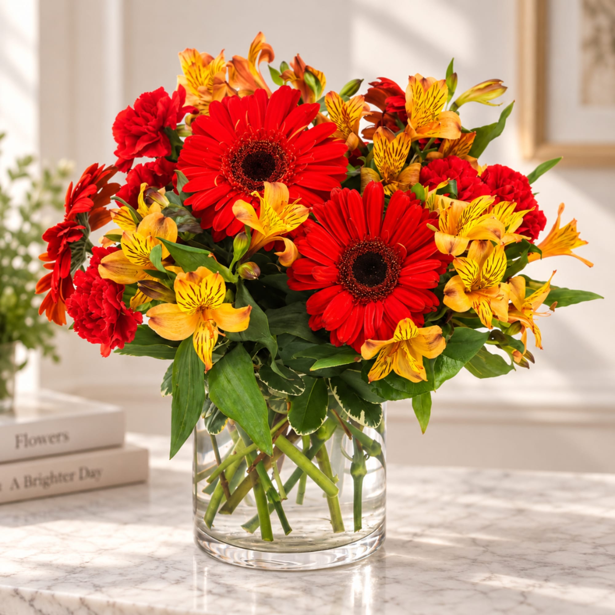 Red gerberas and yellow alstroemeria in a clear glass vase