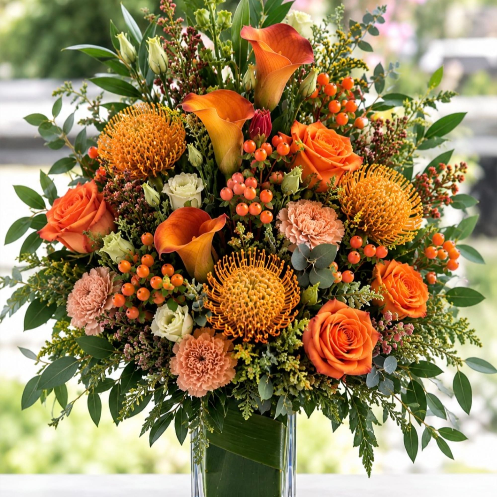 Orange roses and calla lilies in a glass vase with mixed greenery