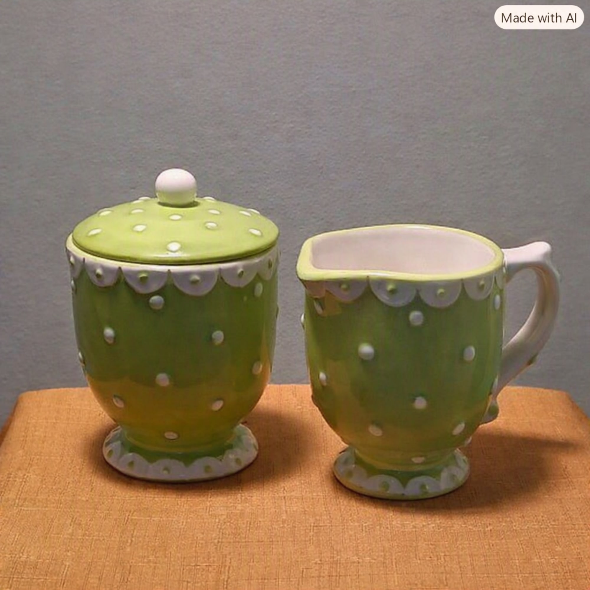 Green polka-dot ceramic mug and matching lidded jar on a table.
