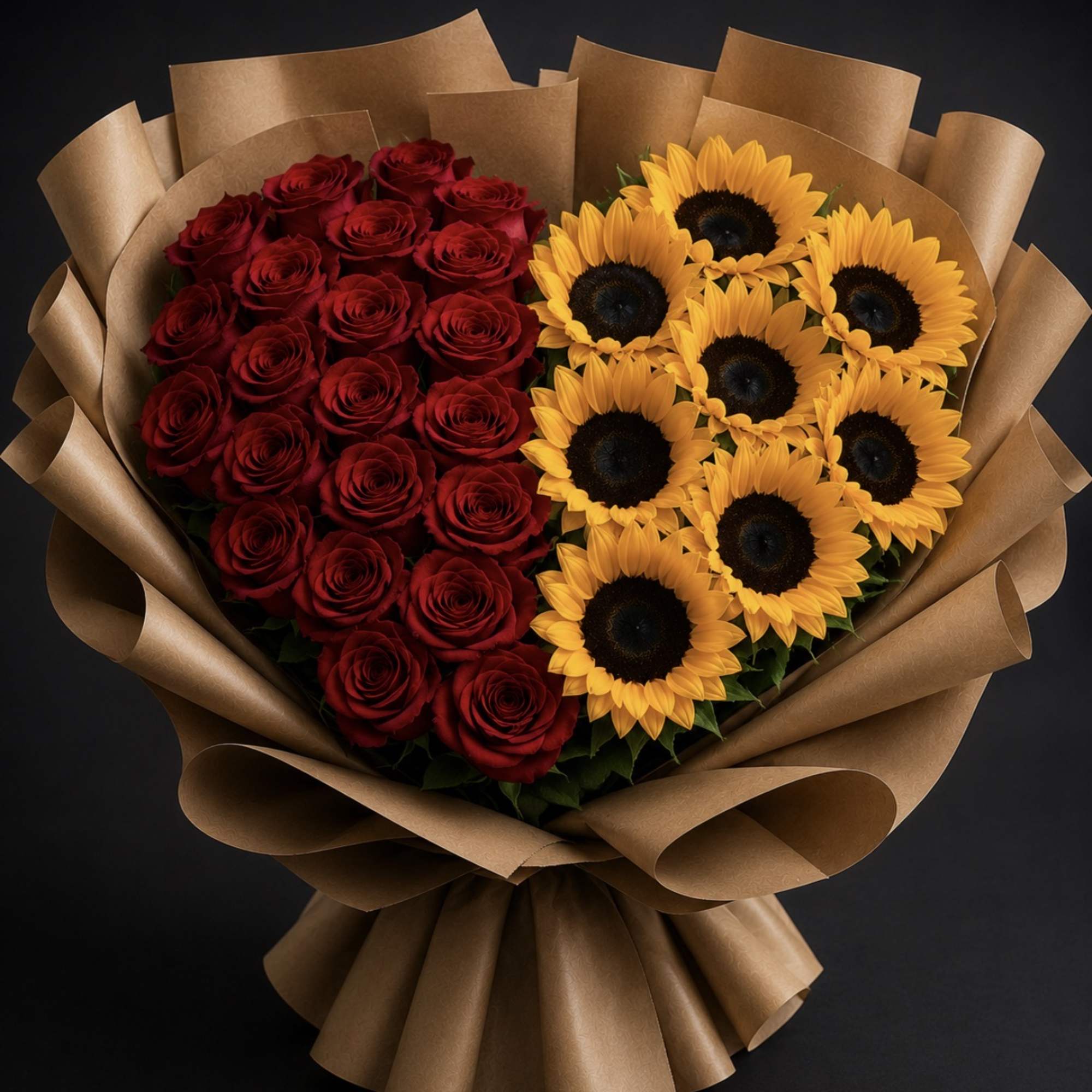 Heart-shaped bouquet of red roses and yellow sunflowers wrapped in brown paper