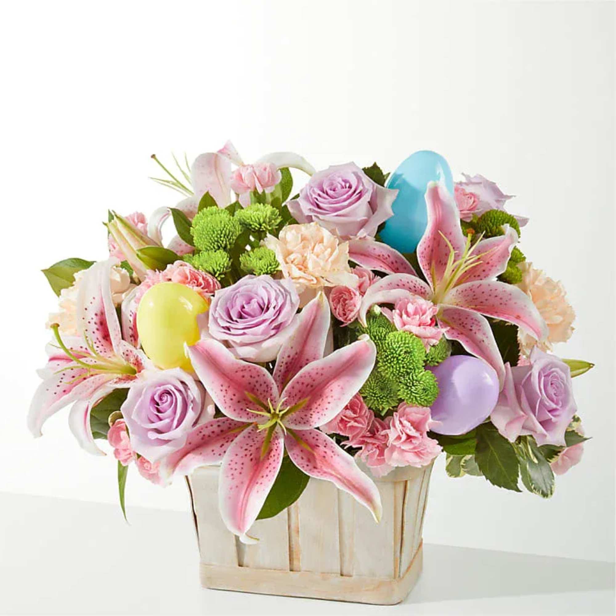 The Easter basket of their dreams has arrived. Our Eggcellent Blooms Basket