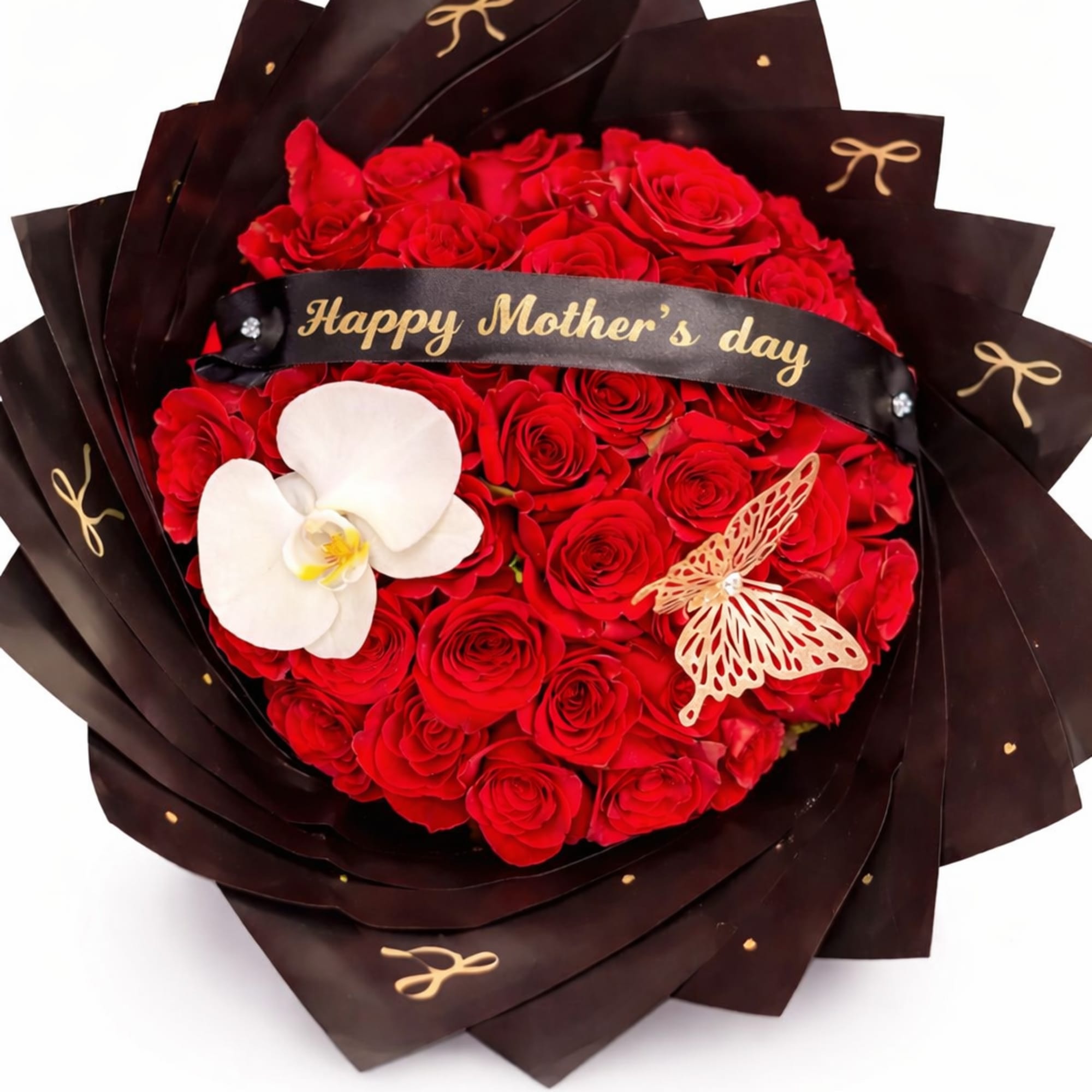 red roses and a orchid flower wrapped in paper with a Happy