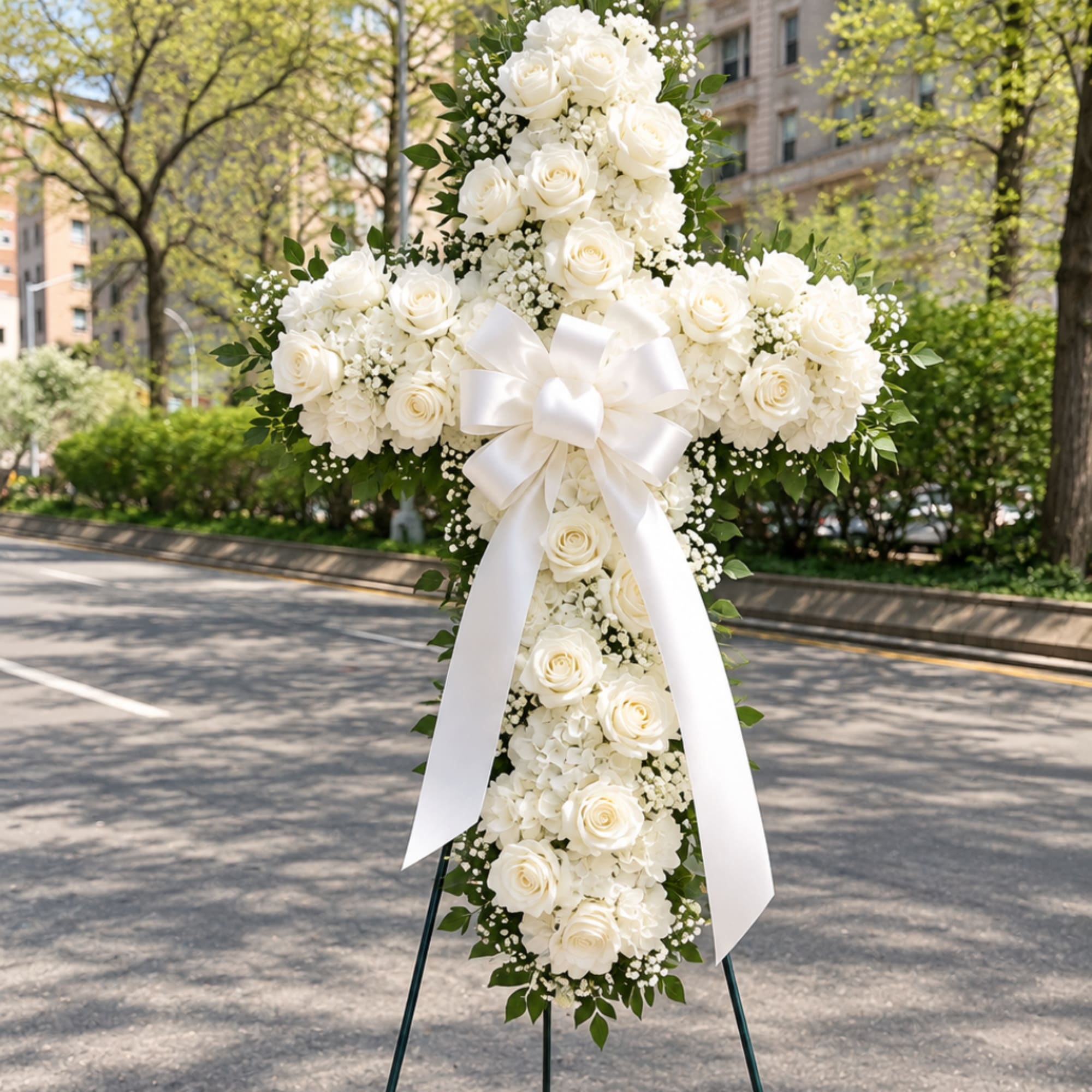 White rose and hydrangea standing cross with a white ribbon