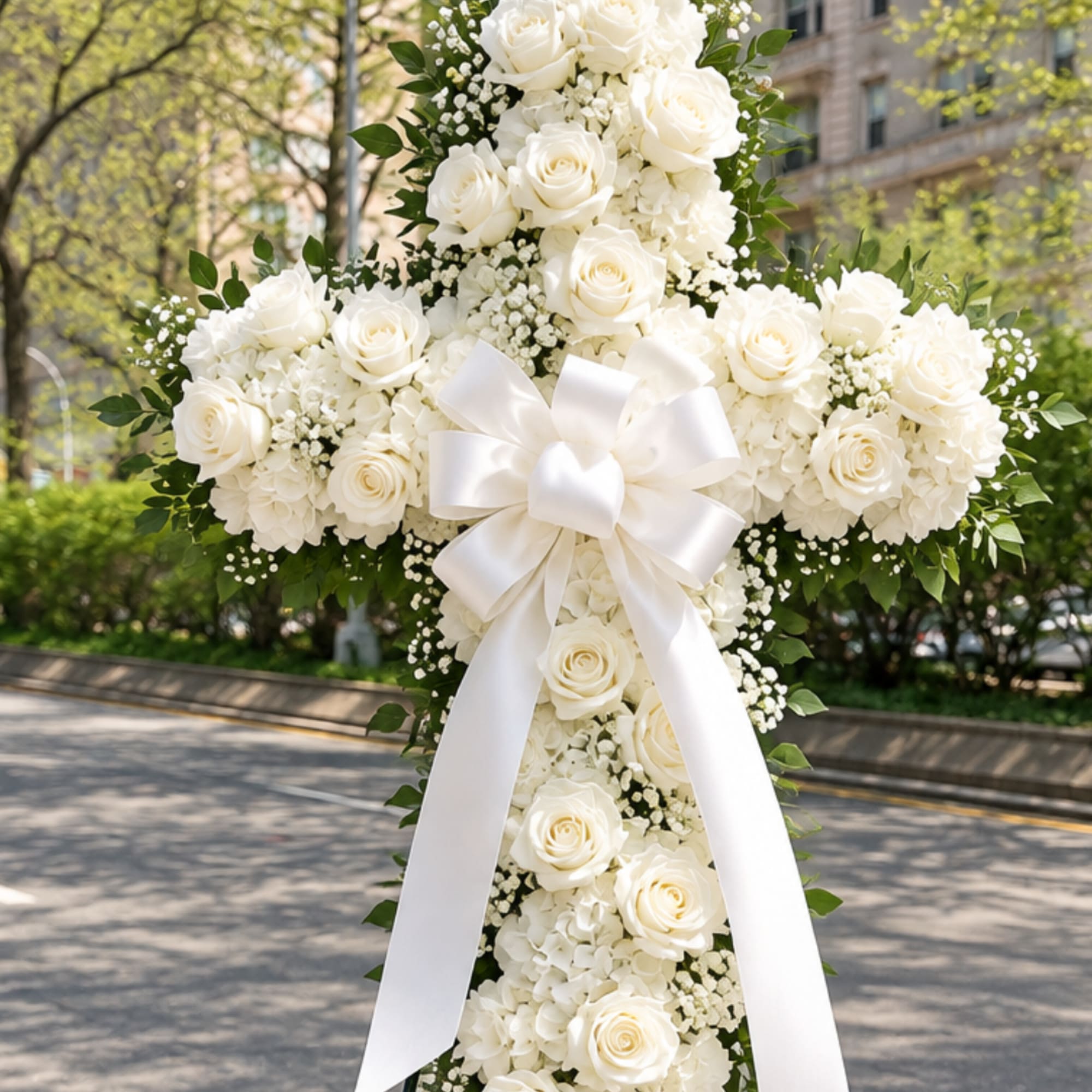 White floral cross arrangement with roses and a large ribbon bow