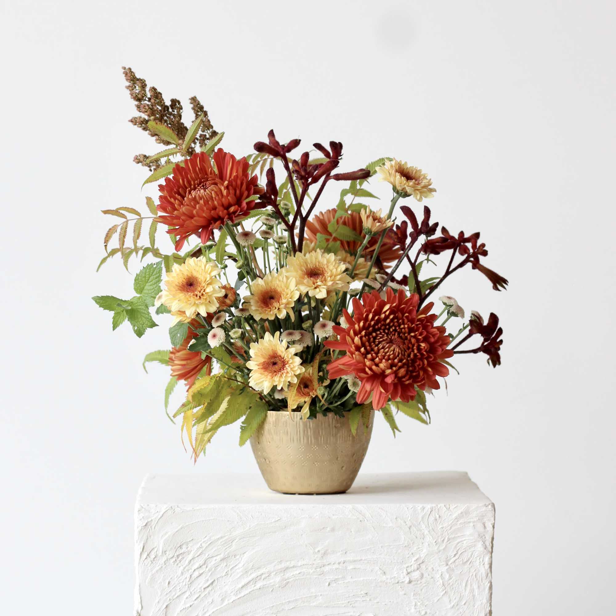 Autumn flower arrangement in a gold vase with red and cream blooms
