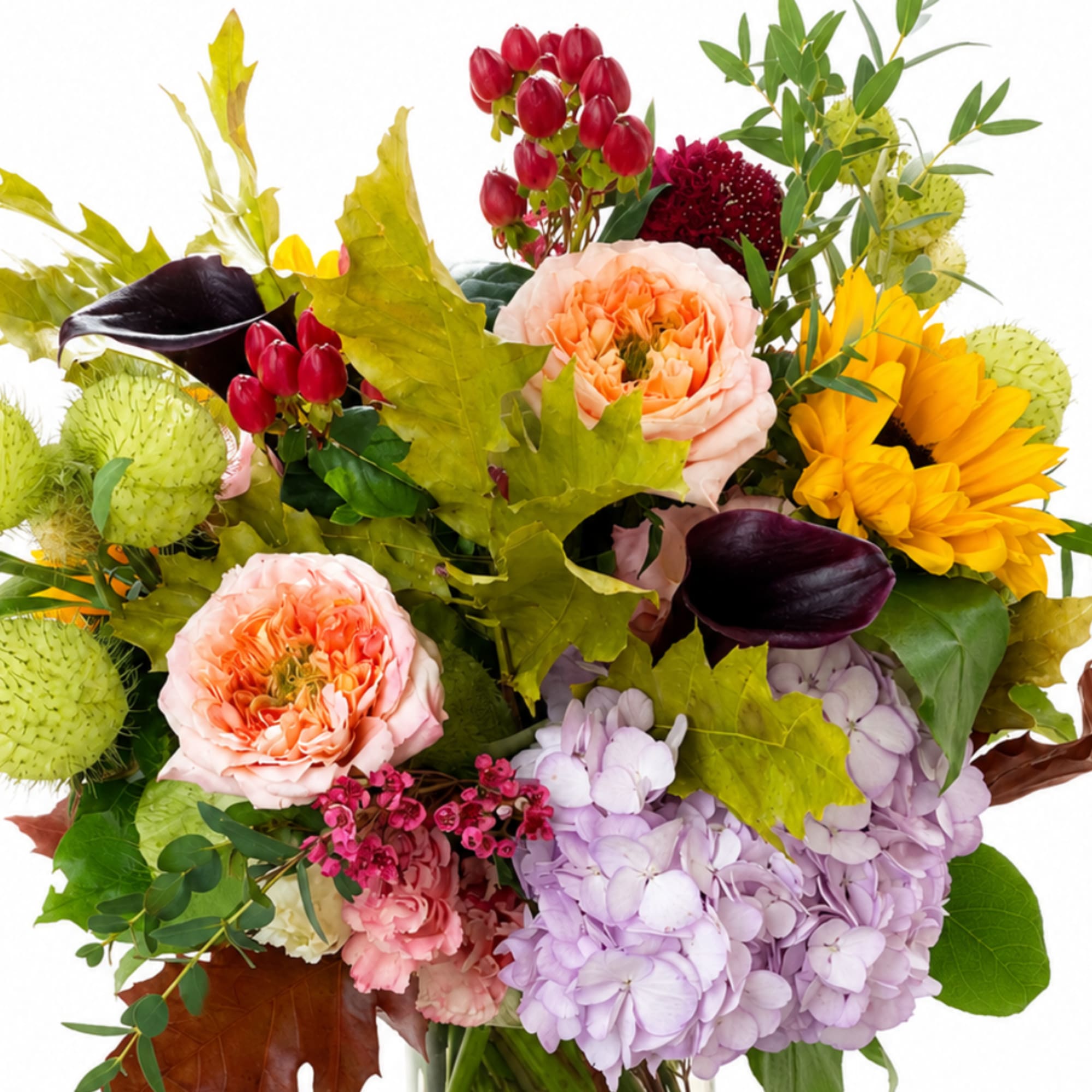 Mixed bouquet with peach roses, sunflowers, hydrangeas, and dark calla lilies