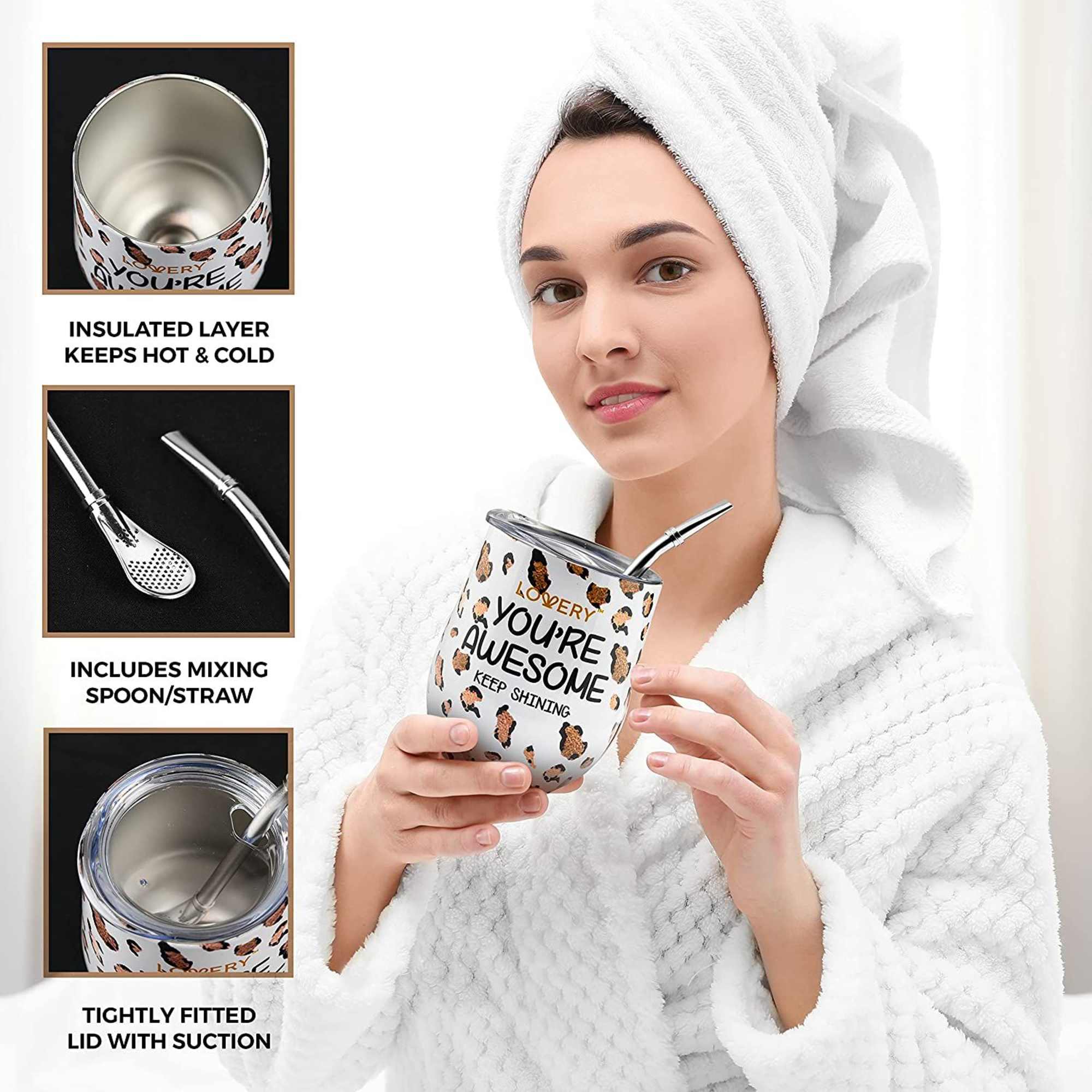 Woman in a white robe holding a leopard-print insulated tumbler with metal straw.