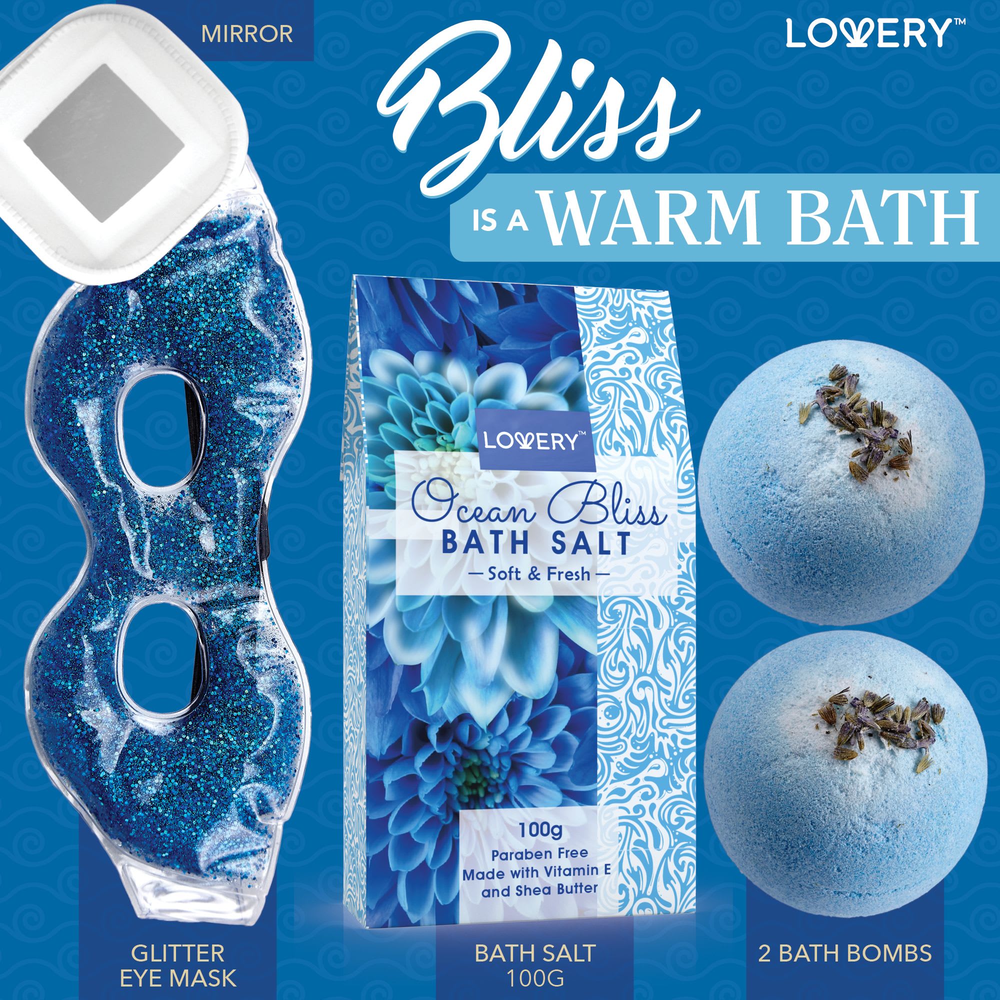 Blue bath gift set with glitter eye mask, bath salt box, and two blue bath bombs