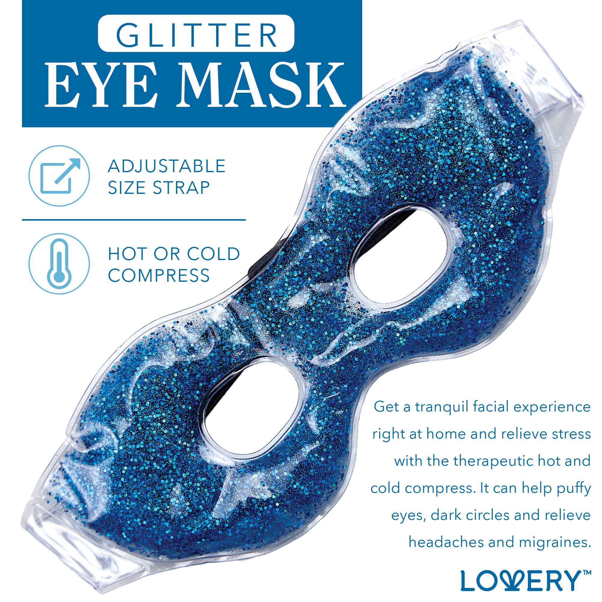 Blue glitter gel eye mask with cutouts and adjustable strap on a white and blue text background