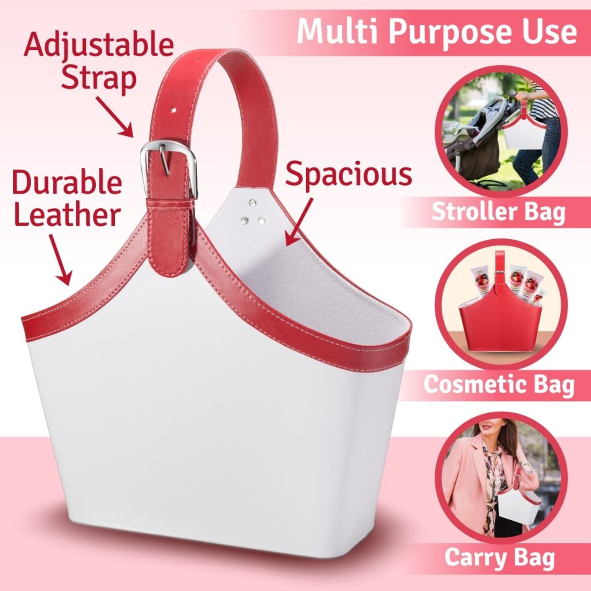 White and red leather tote-style bag with adjustable strap shown for multiple uses