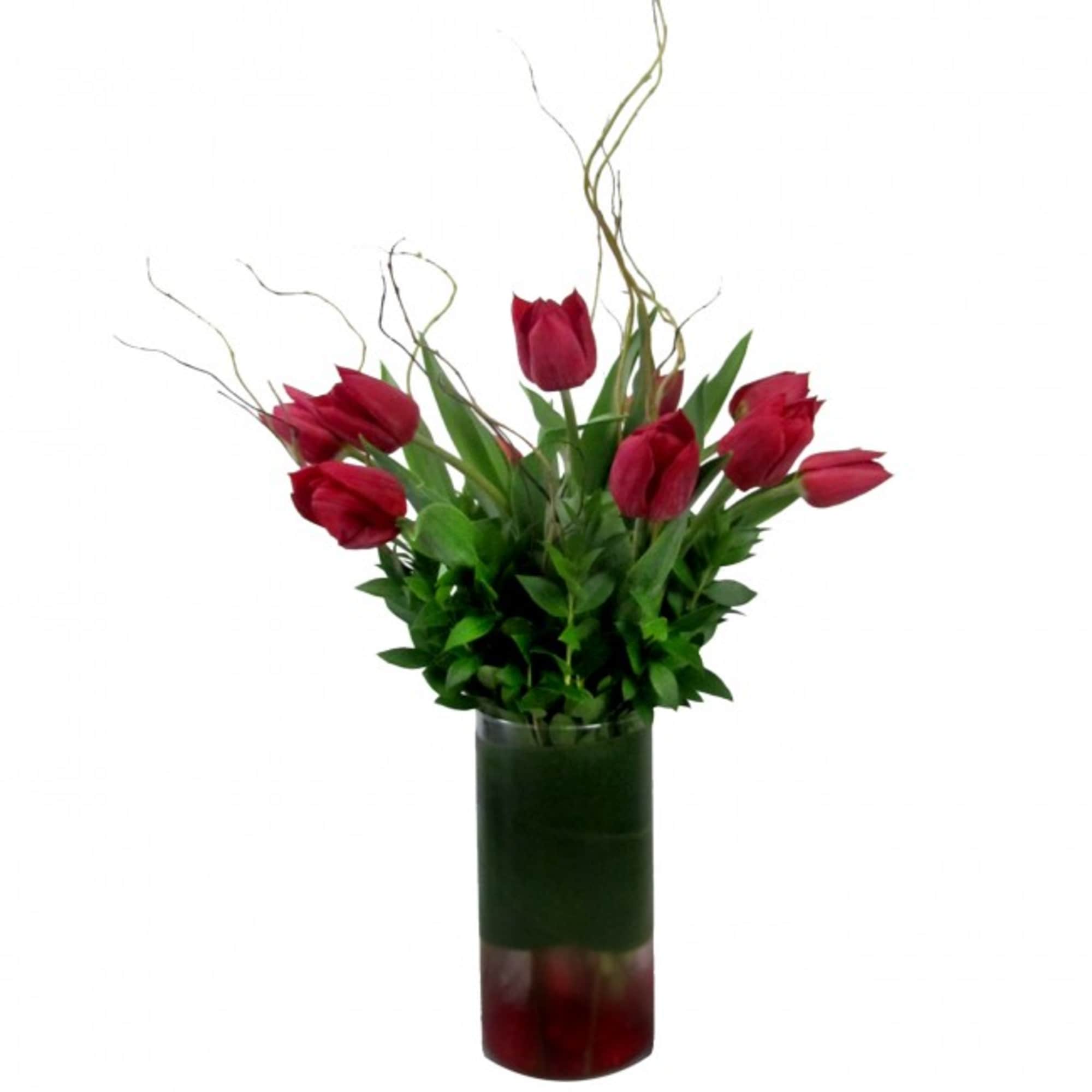 Red tulips arranged in a tall glass vase with curly branches