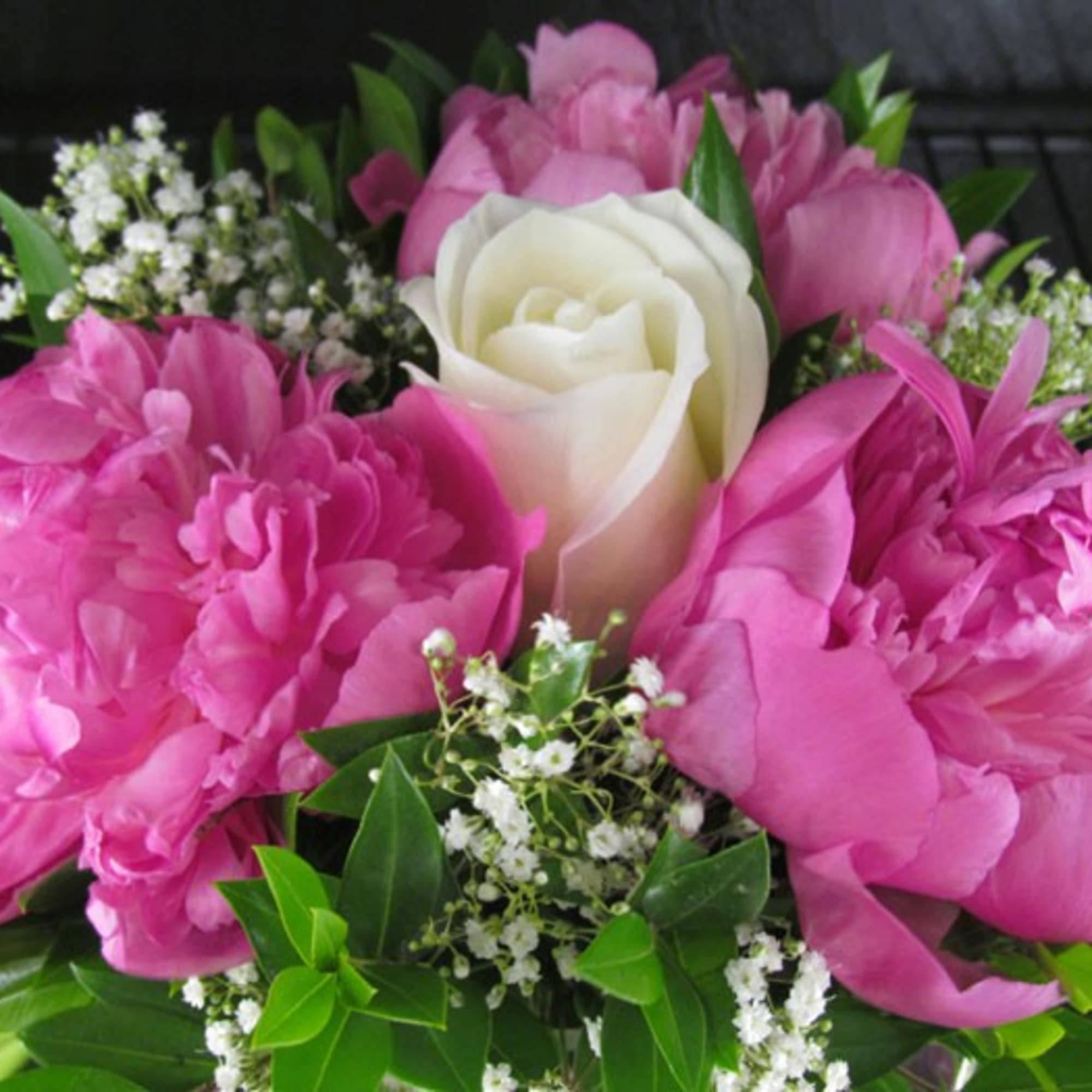 Pink peonies and a white rose bouquet with small white filler flowers
