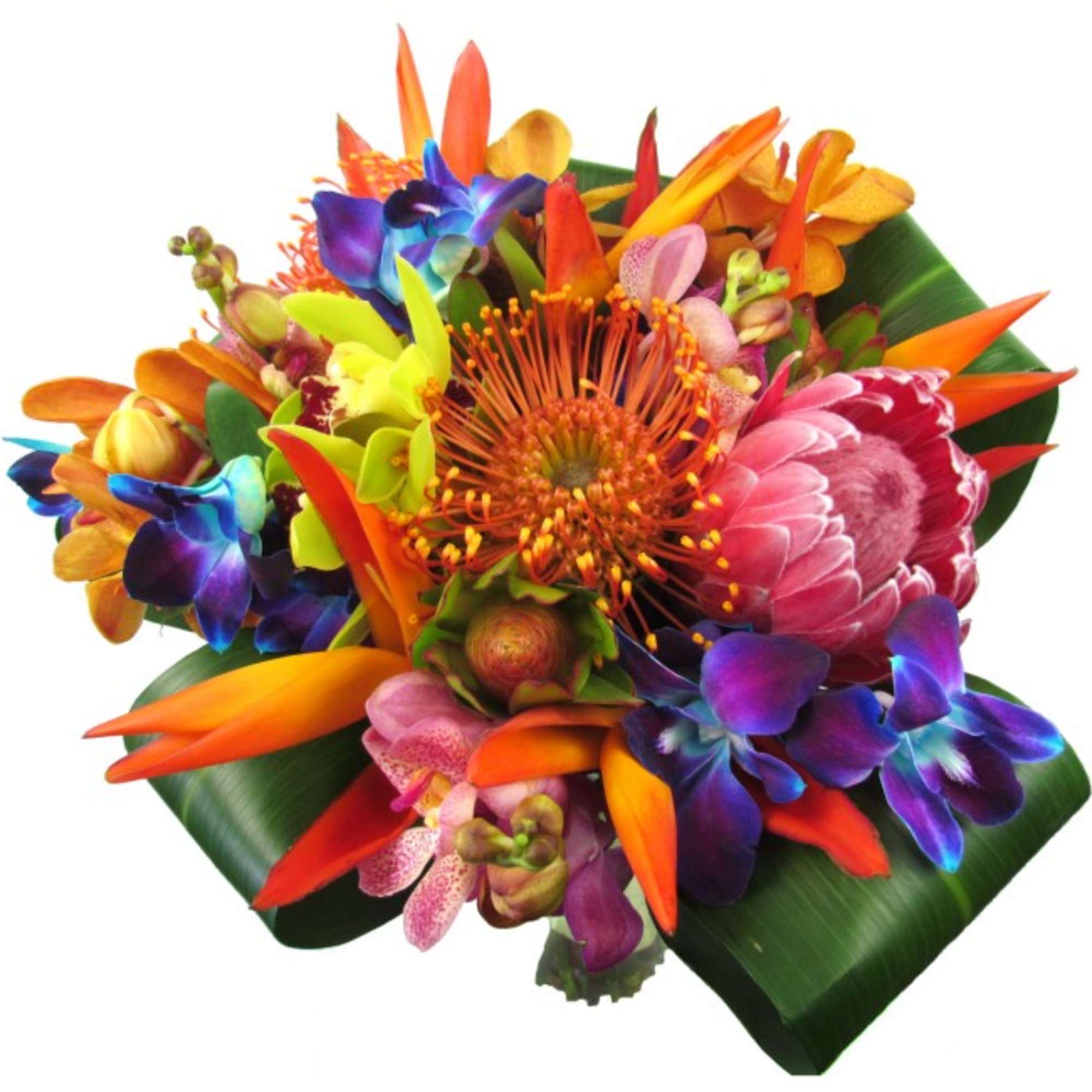 Tropical bouquet with orange, pink, and purple flowers