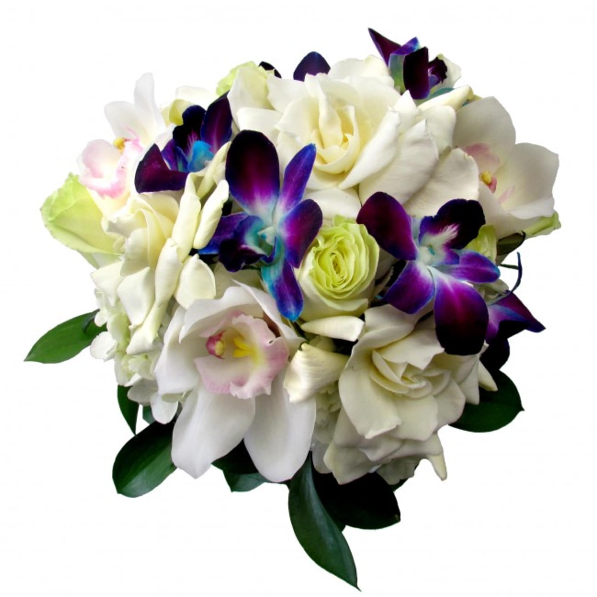 White bouquet with purple orchids and pale roses