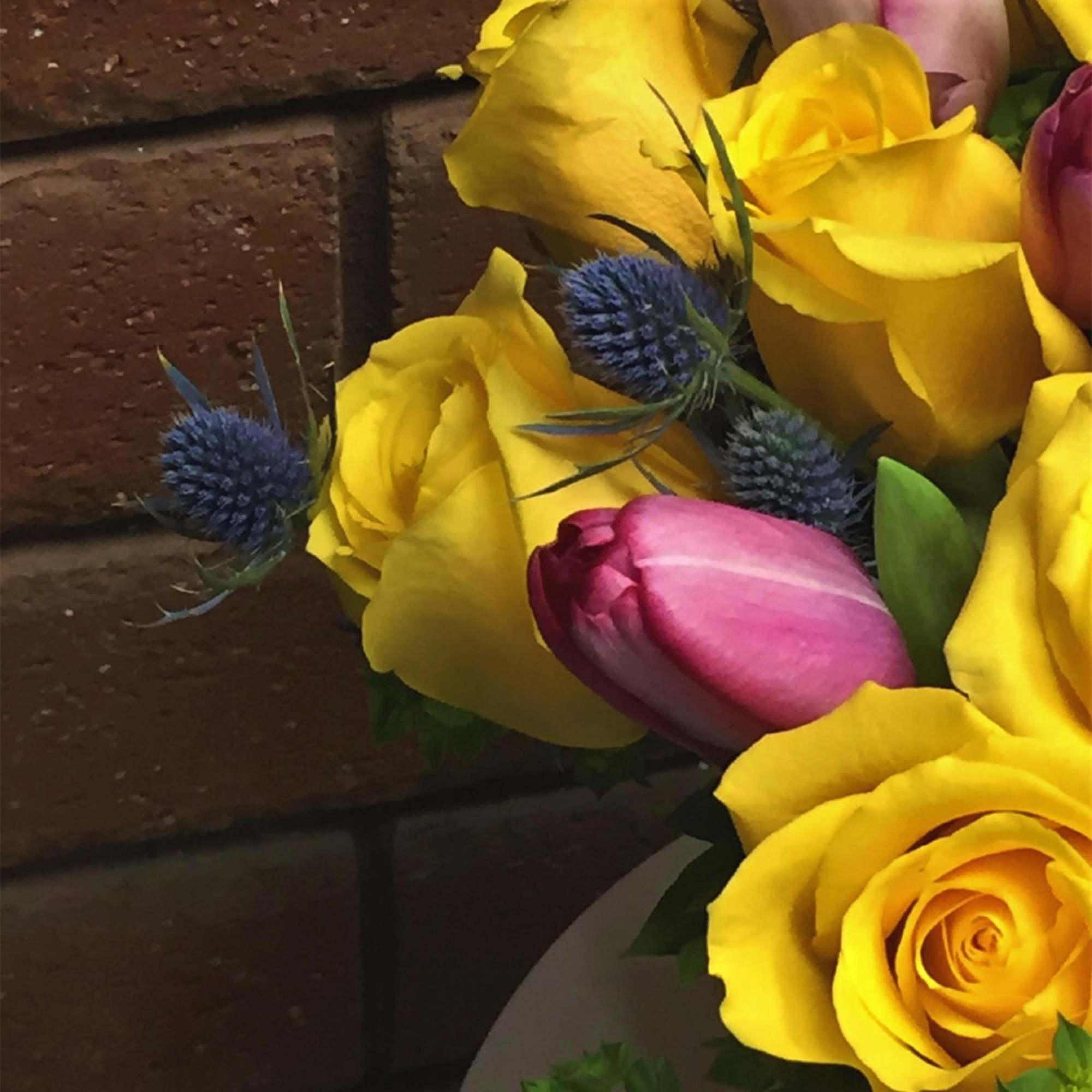 Bouquet of yellow roses with a pink tulip and blue thistle accents