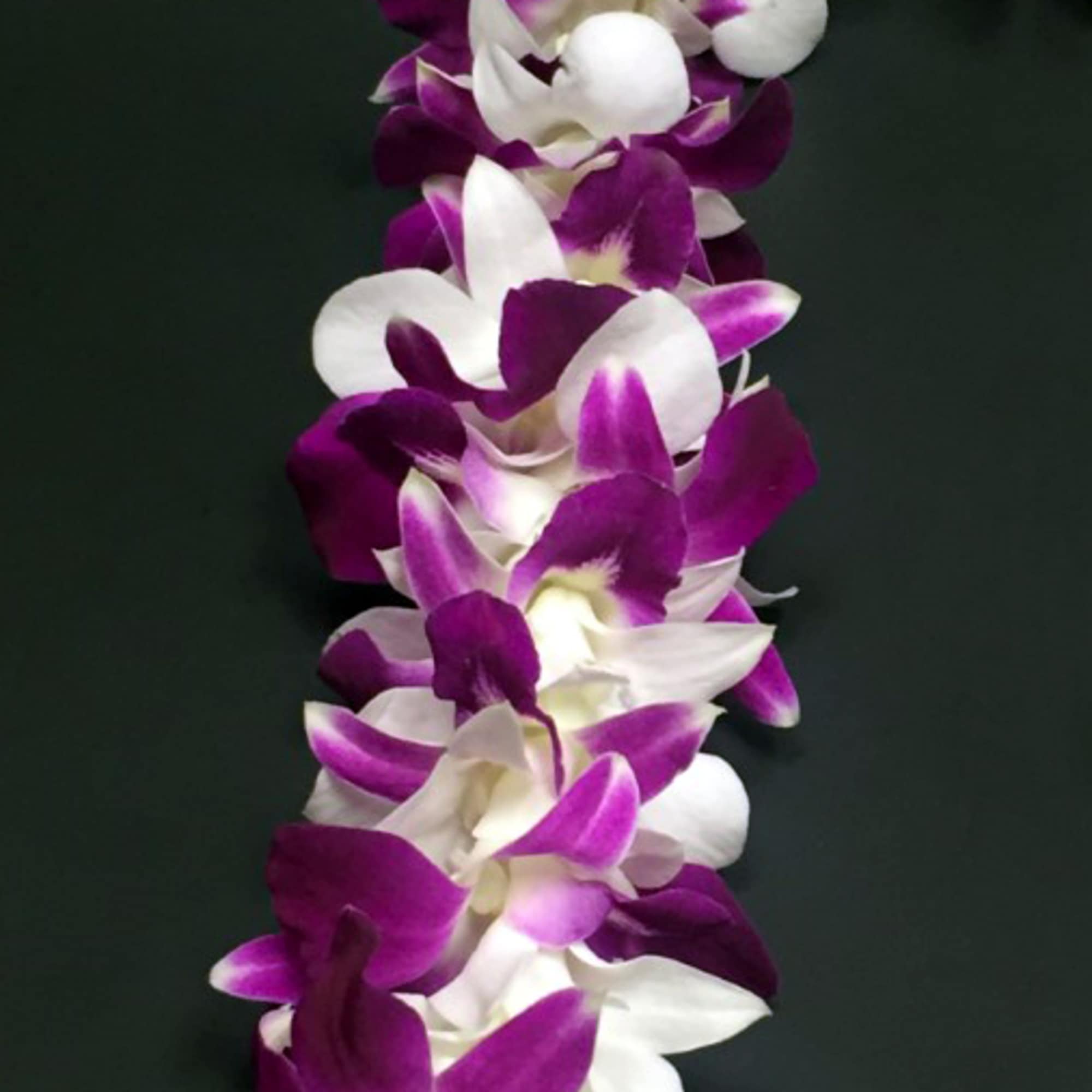 Purple and white orchid lei on a dark background, photo 3 of 3