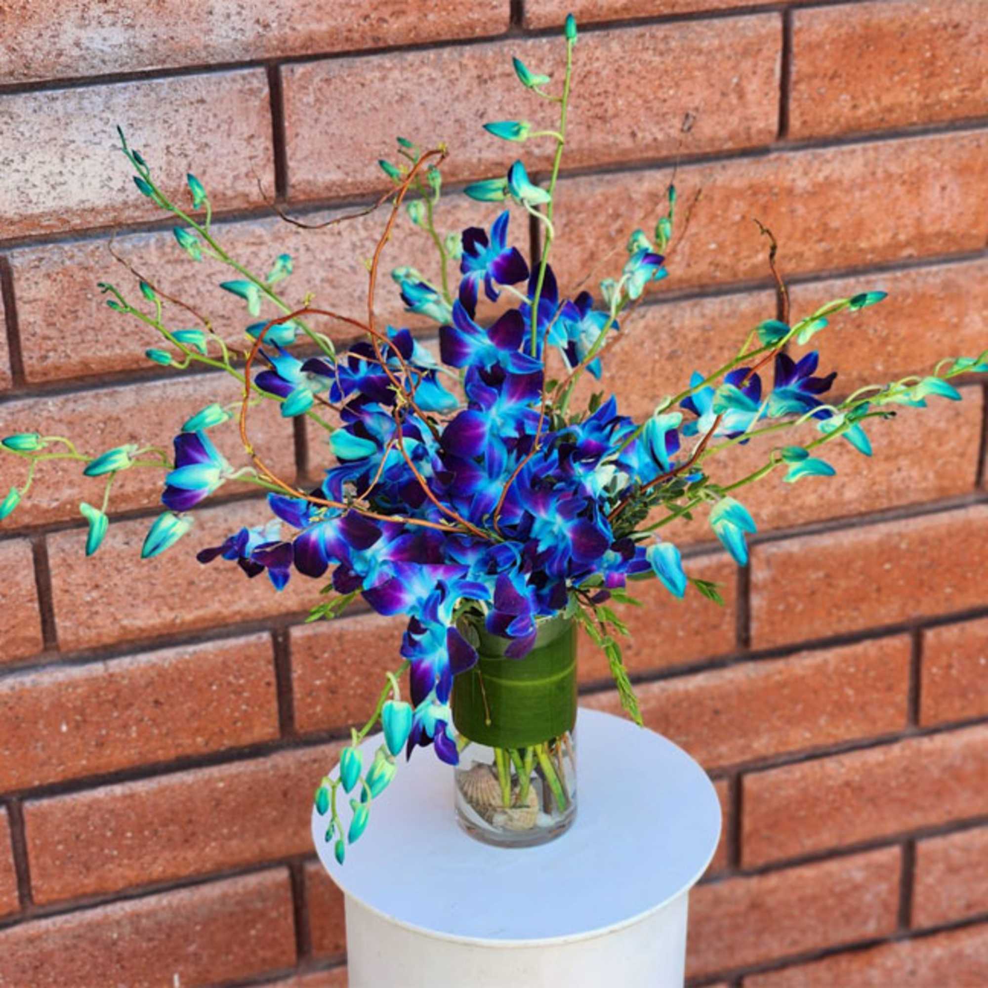 Blue and purple orchid arrangement in a glass vase