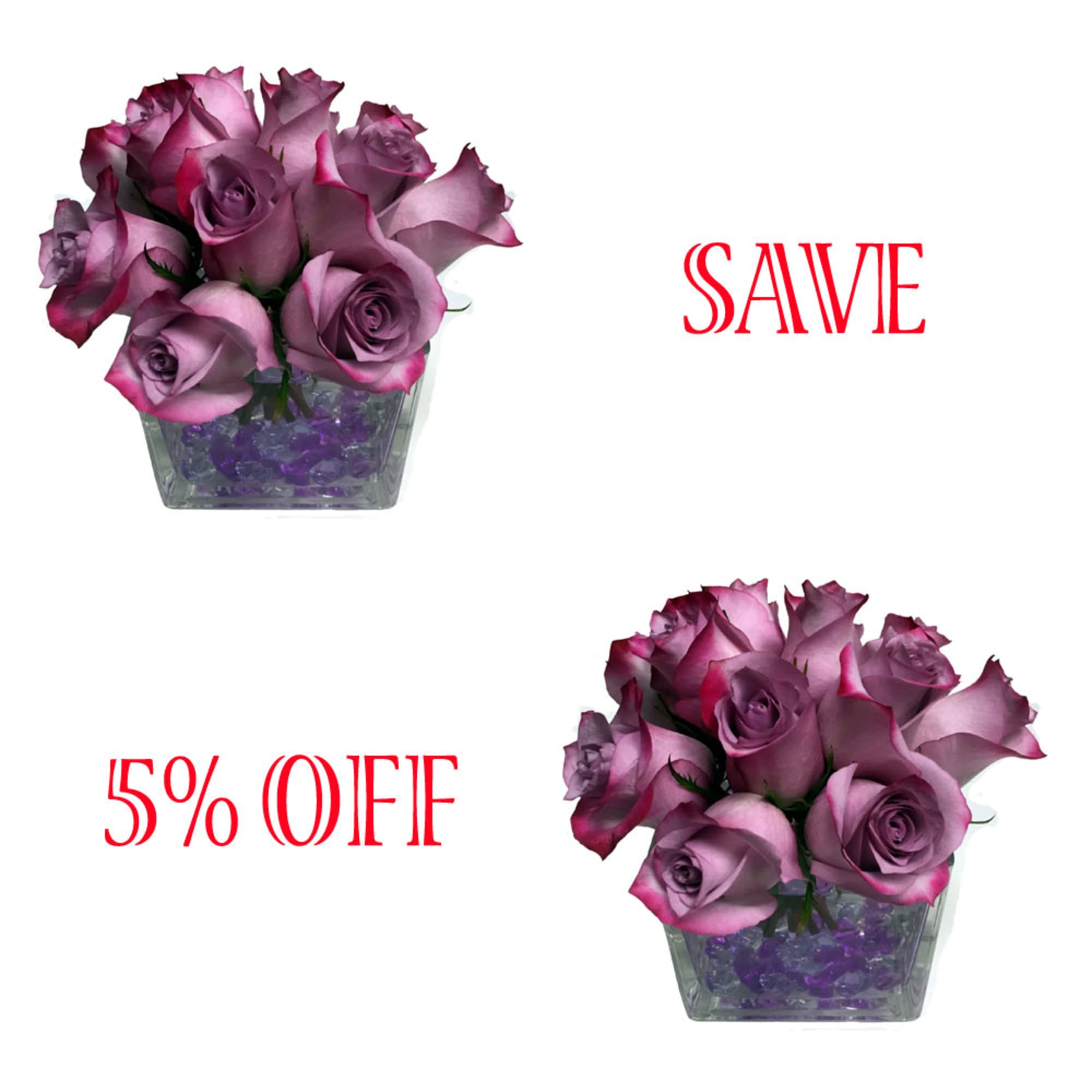 Purple rose arrangement in a square glass vase with red sale text