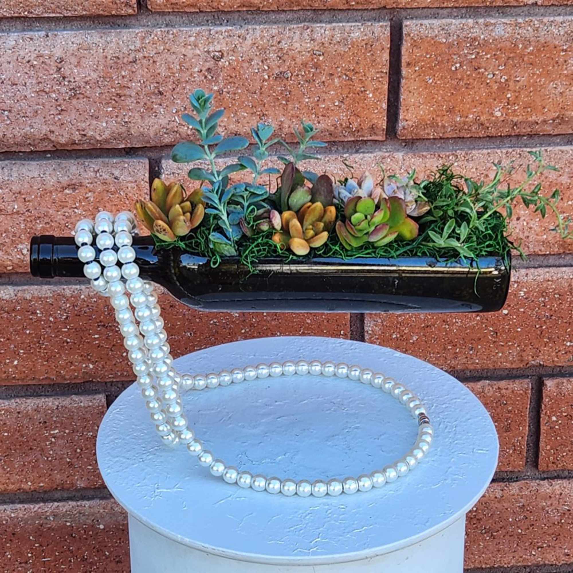 Succulent arrangement in a black bottle with a pearl strand draped over it
