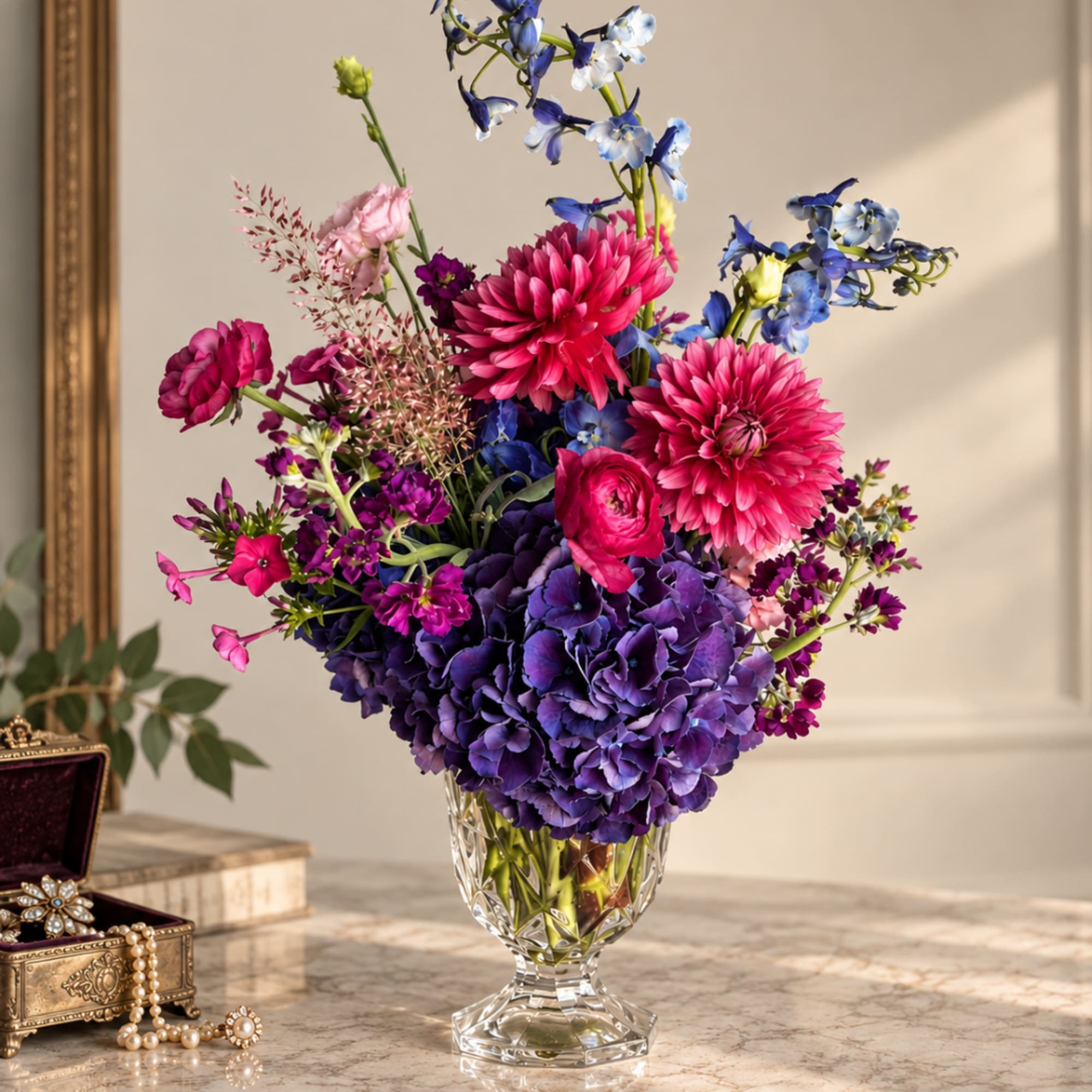 Bright mixed bouquet in a clear cut-glass vase with pink, purple, and blue blooms.