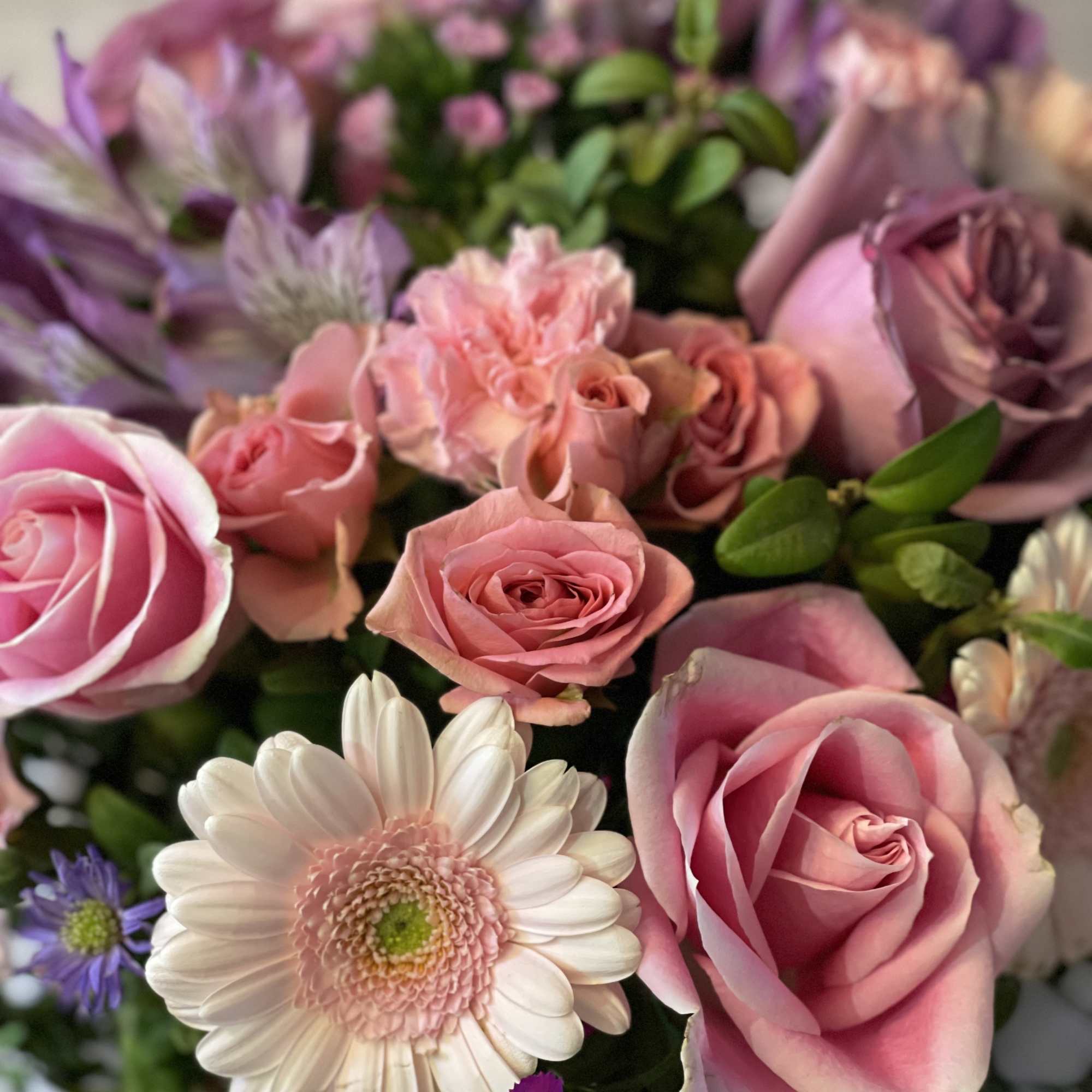 Pink roses and a white gerbera daisy in a mixed bouquet
