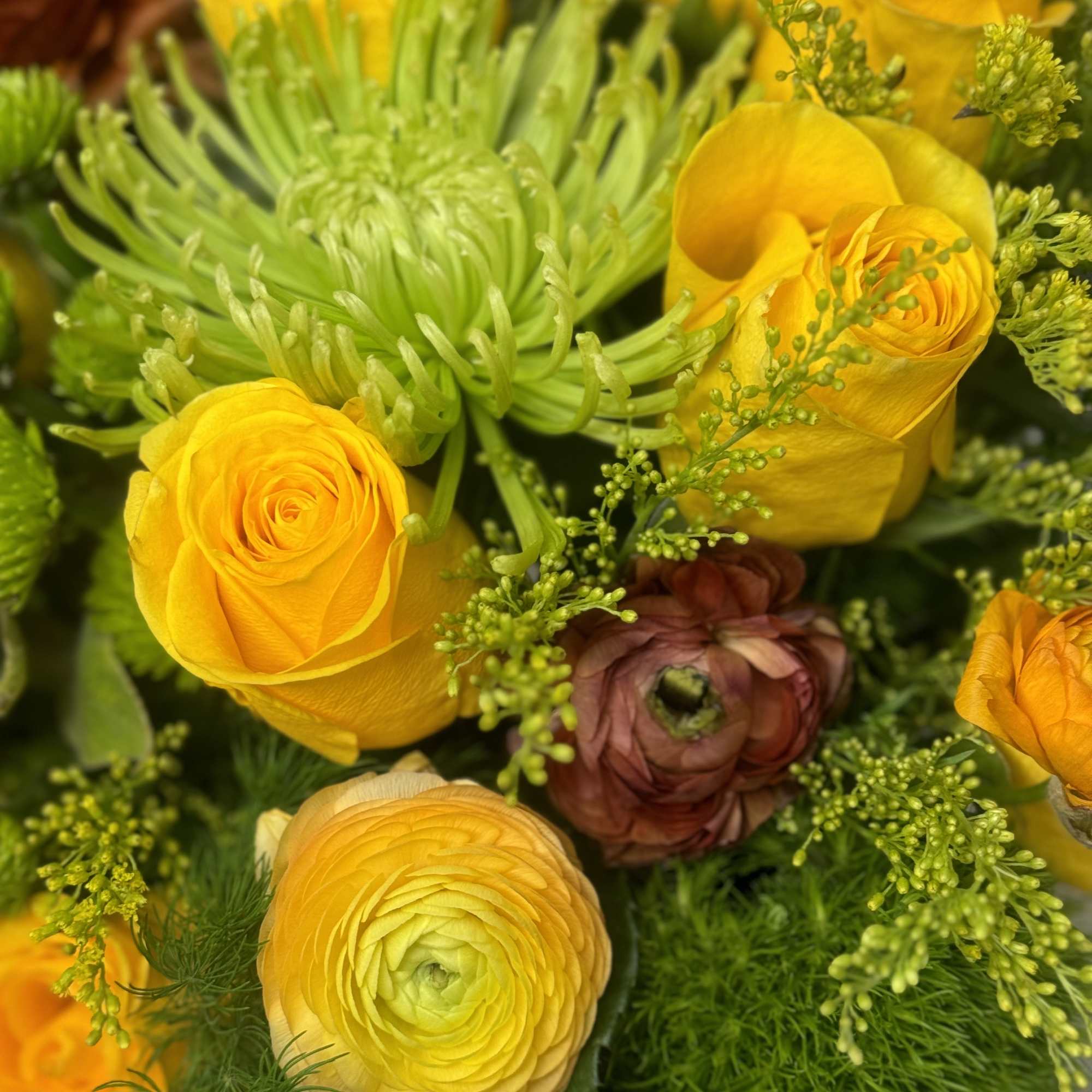 Yellow roses and green blooms in a bouquet