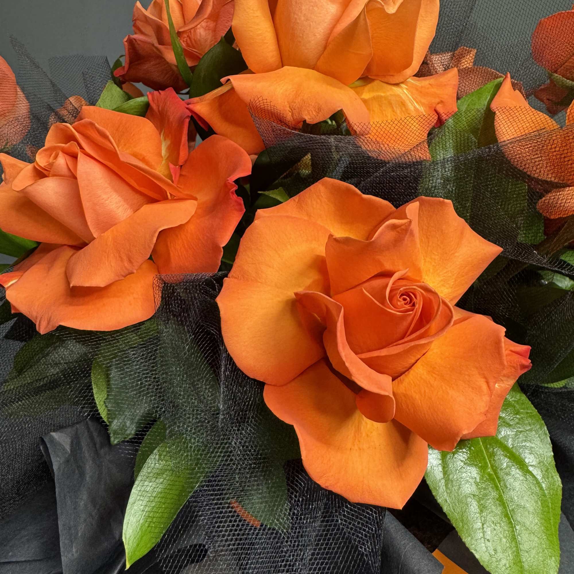 Bouquet of orange roses wrapped in black mesh