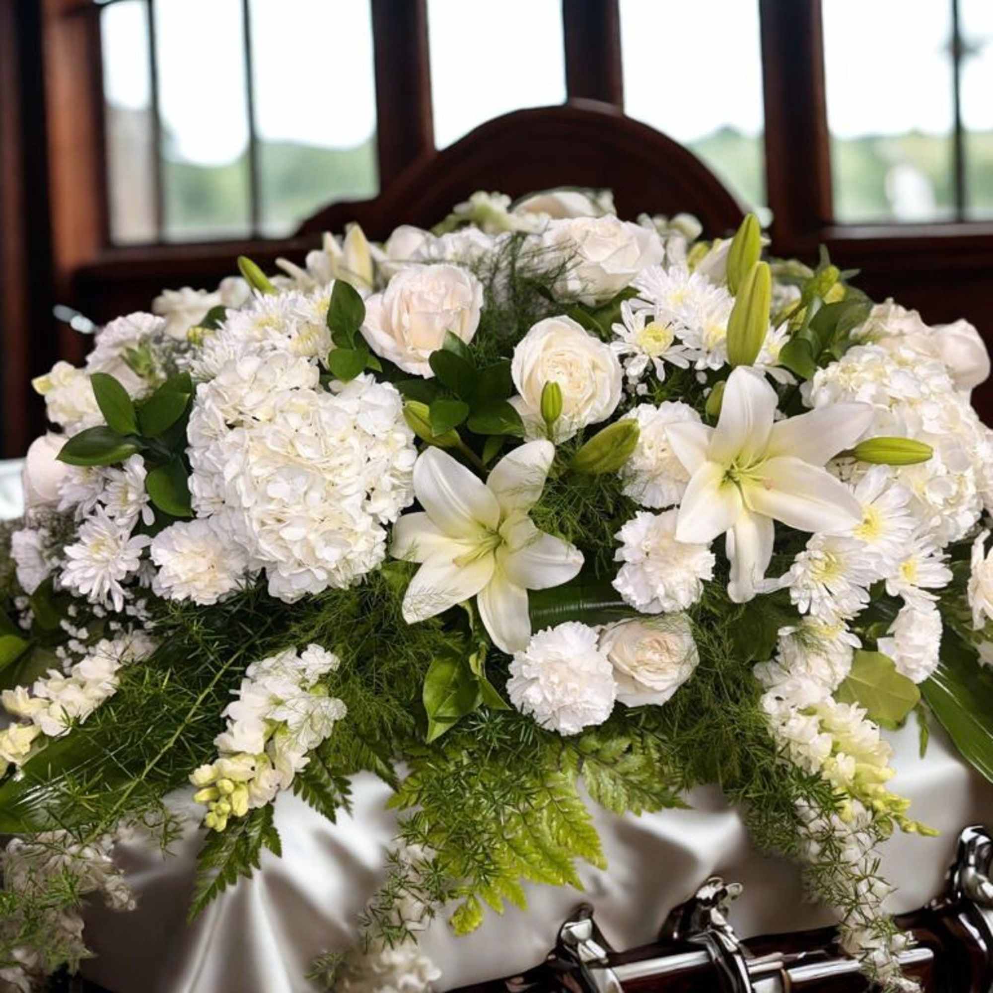 White floral casket spray with lilies, roses, and hydrangeas, photo 4 of 4