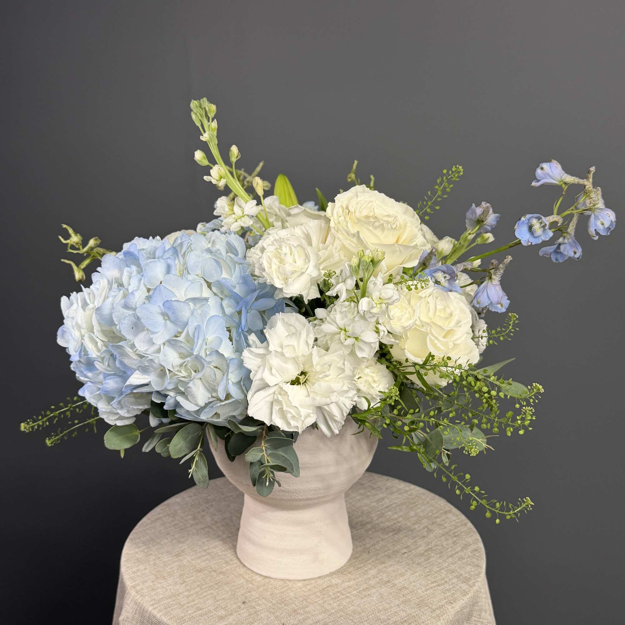 A dreamy mix of fluffy hydrangeas, classic white roses, and textured accents, photo 2 of 3