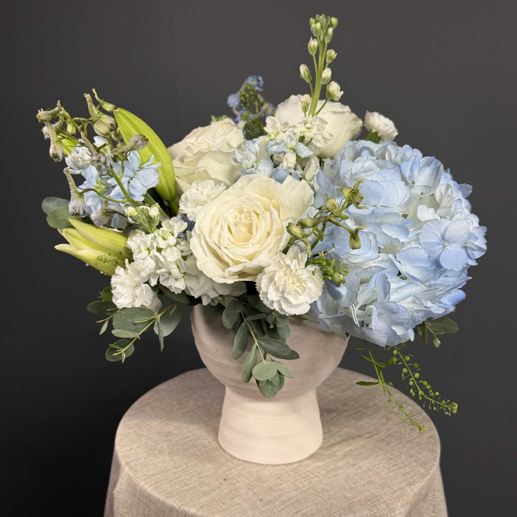 A dreamy mix of fluffy hydrangeas, classic white roses, and textured accents, photo 3 of 3