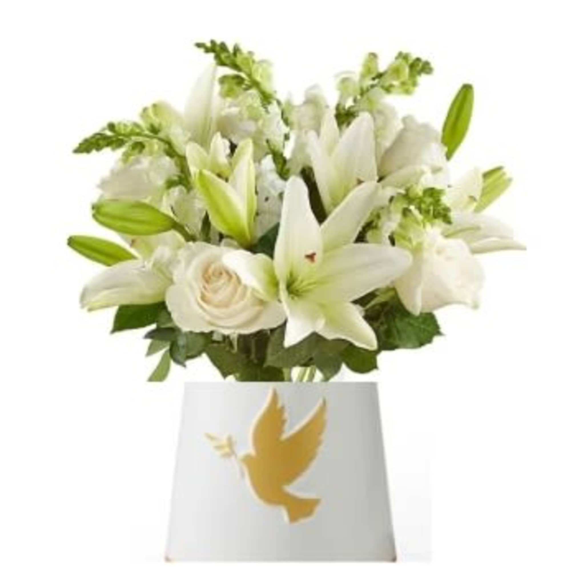 White lilies and roses in a white vase with a dove emblem