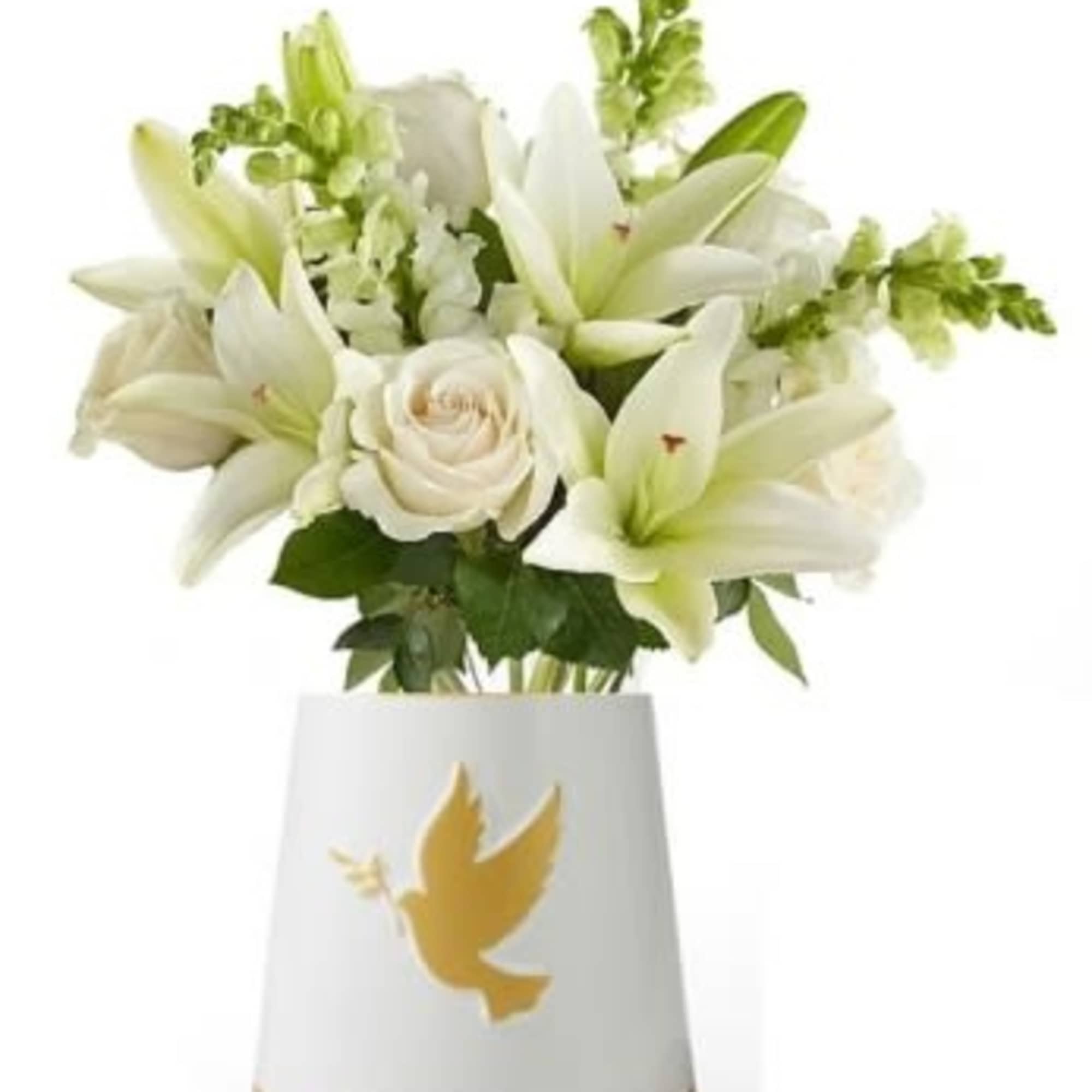 White lilies and roses in a white gift bag with a gold dove emblem