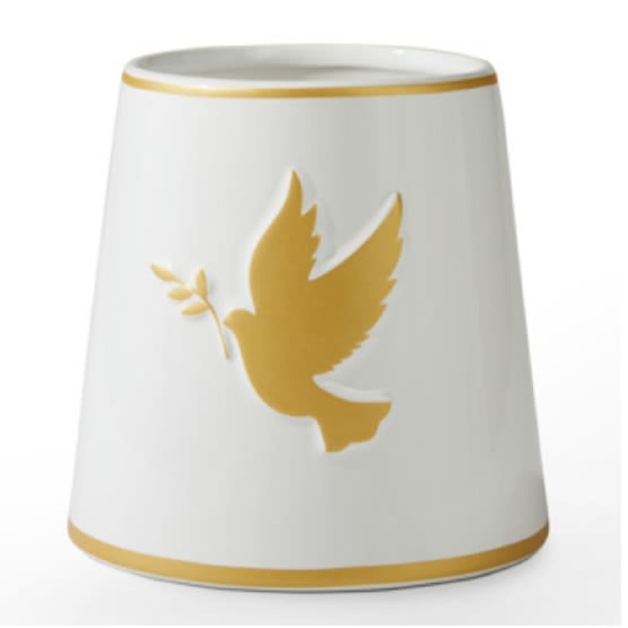 White ceramic candle holder with a gold dove design