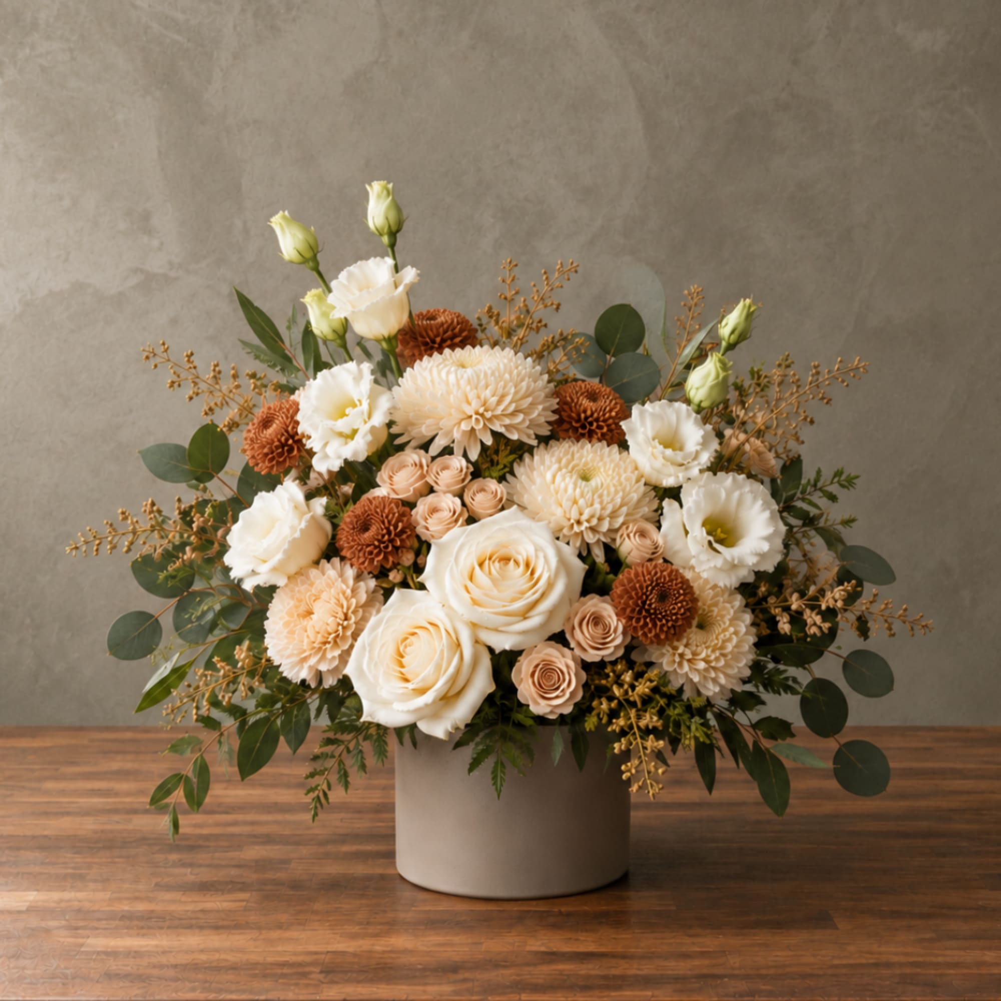 Cream and peach flowers arranged in a gray vase