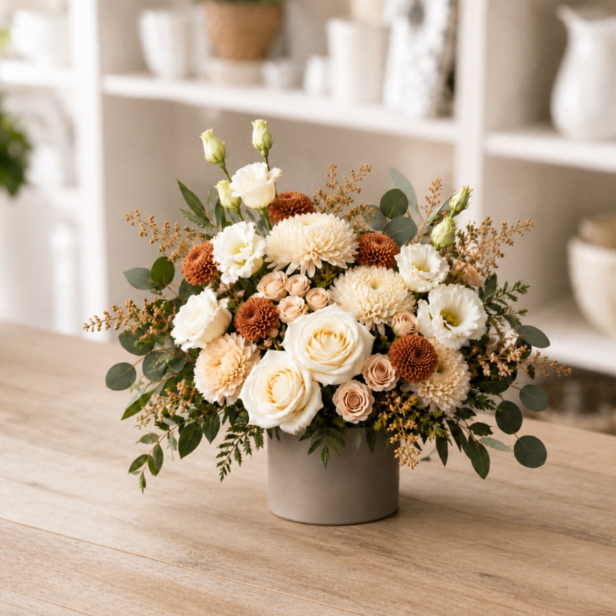 Cream and peach floral arrangement in a gray vase