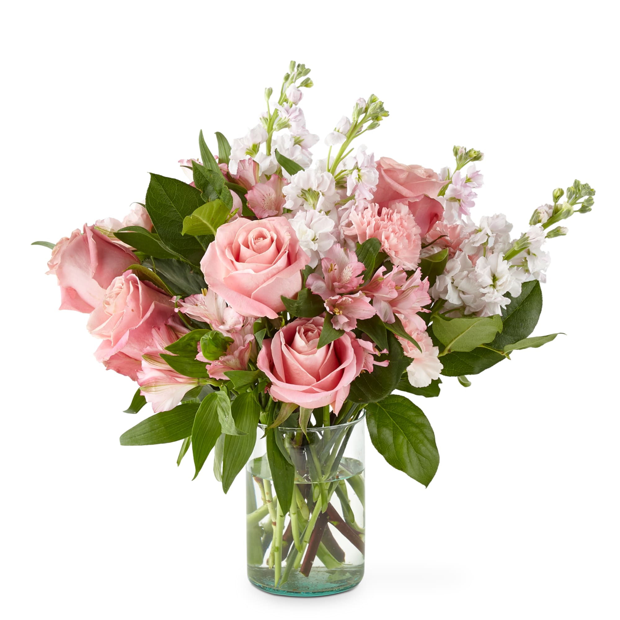 A rosy bouquet of roses, stock, carnations, and alstromeria arranged in a