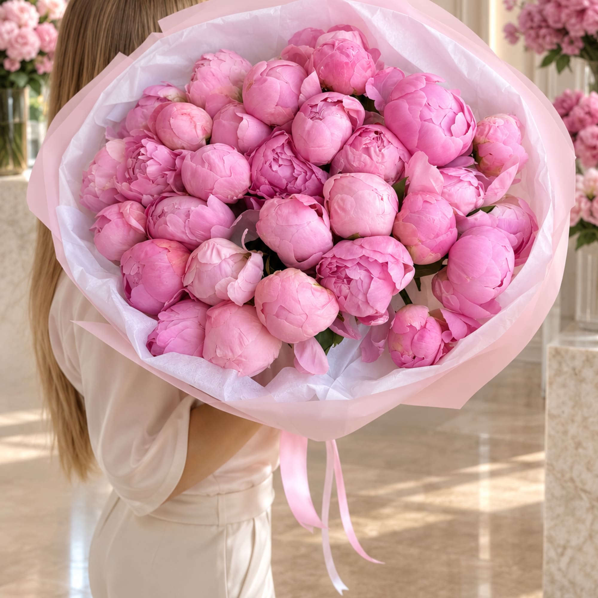 Pretty bouquet of pink and white peonies 
Standard - 20 stems 
Deluxe