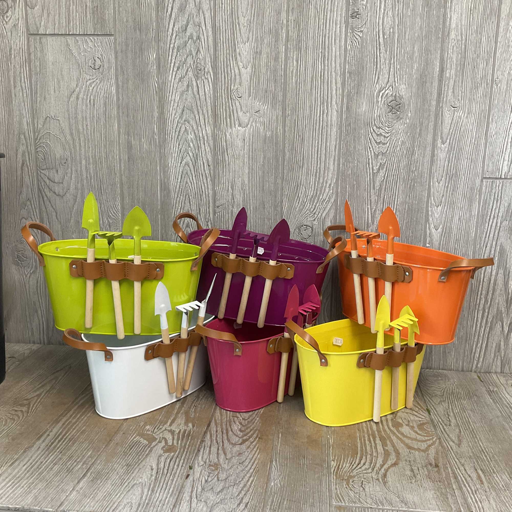 Colorful metal buckets with small garden trowels and hand tools