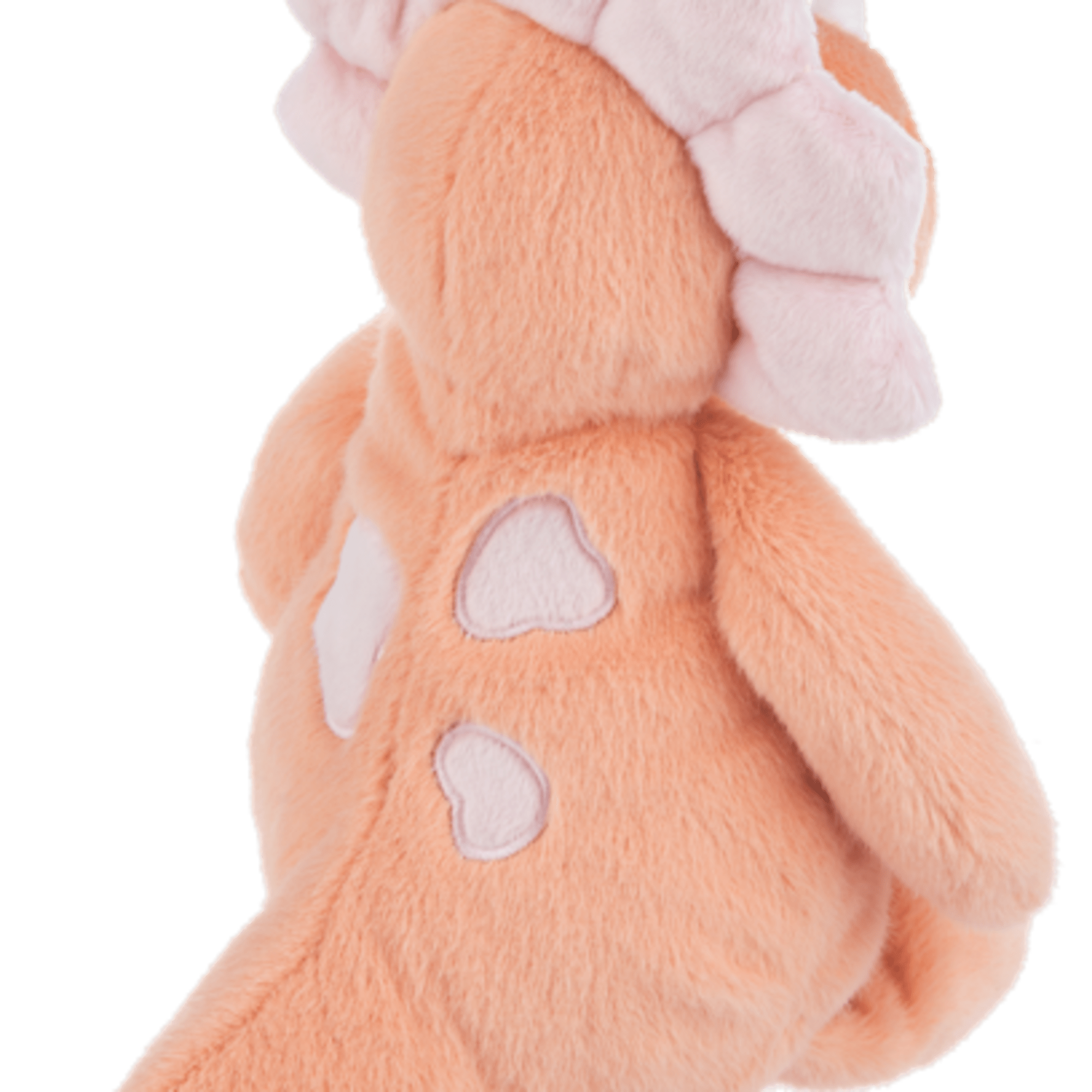 Plush orange dinosaur toy with pink accents and heart patches