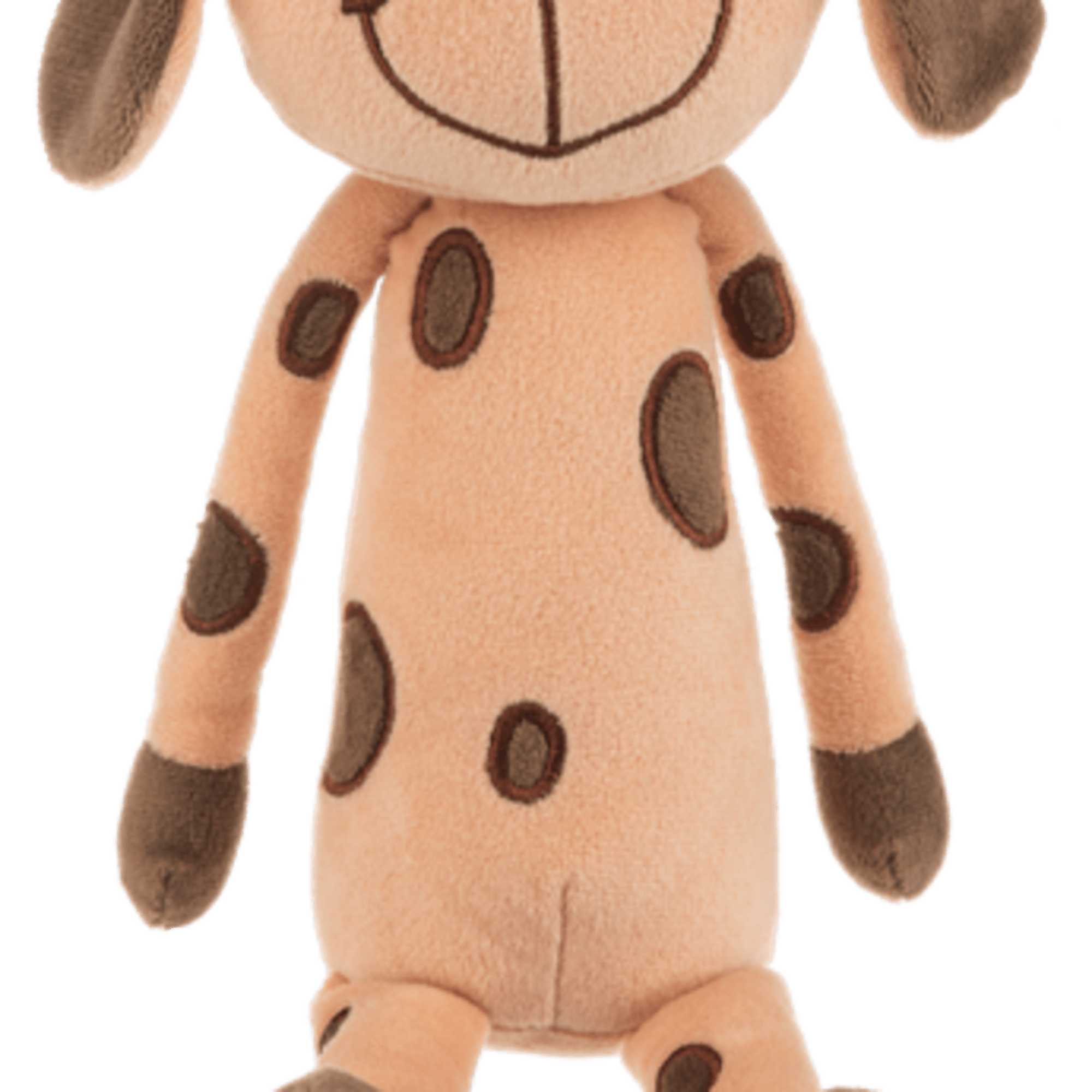 Plush dog toy with floppy ears and brown spots