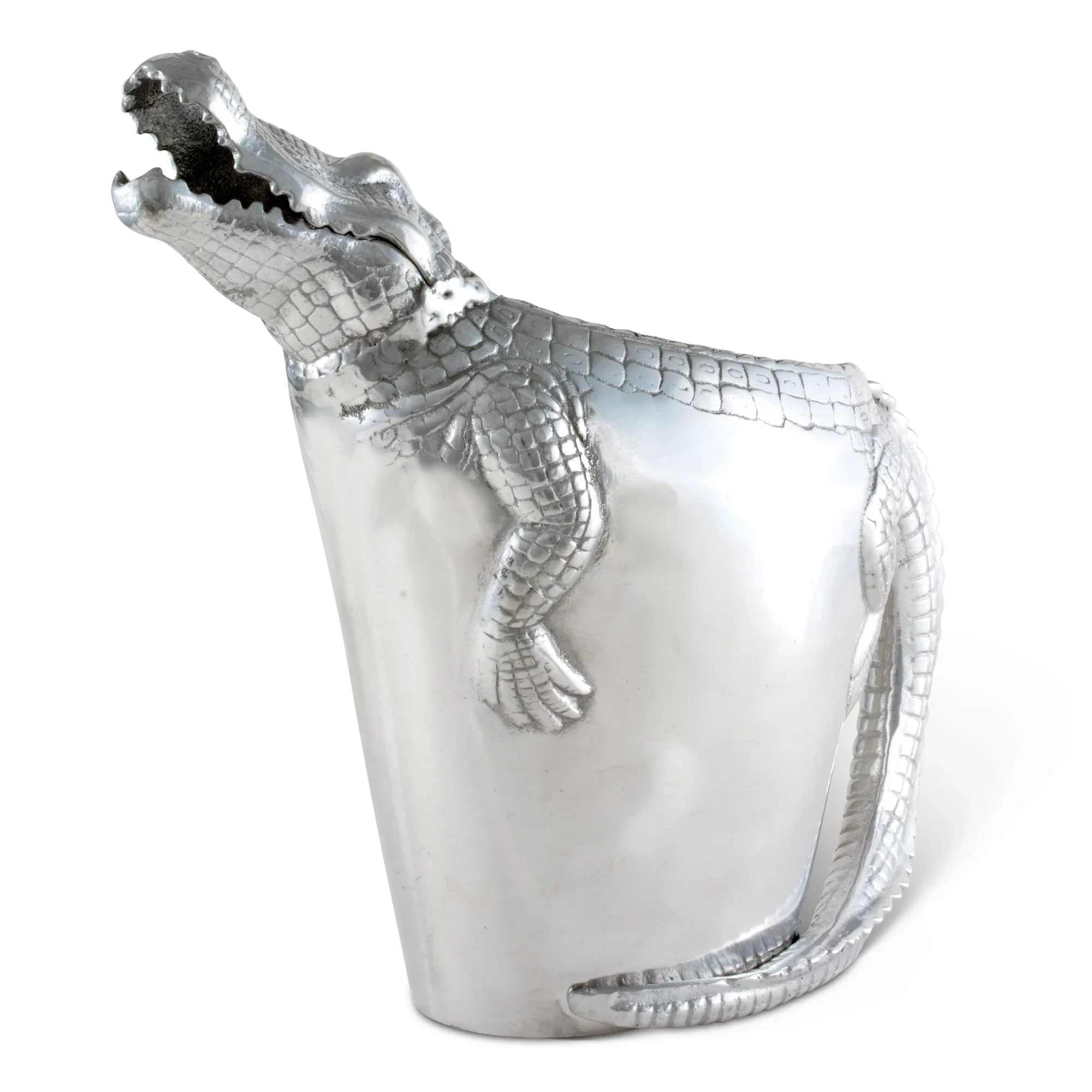 Silver crocodile-shaped vase on a white background