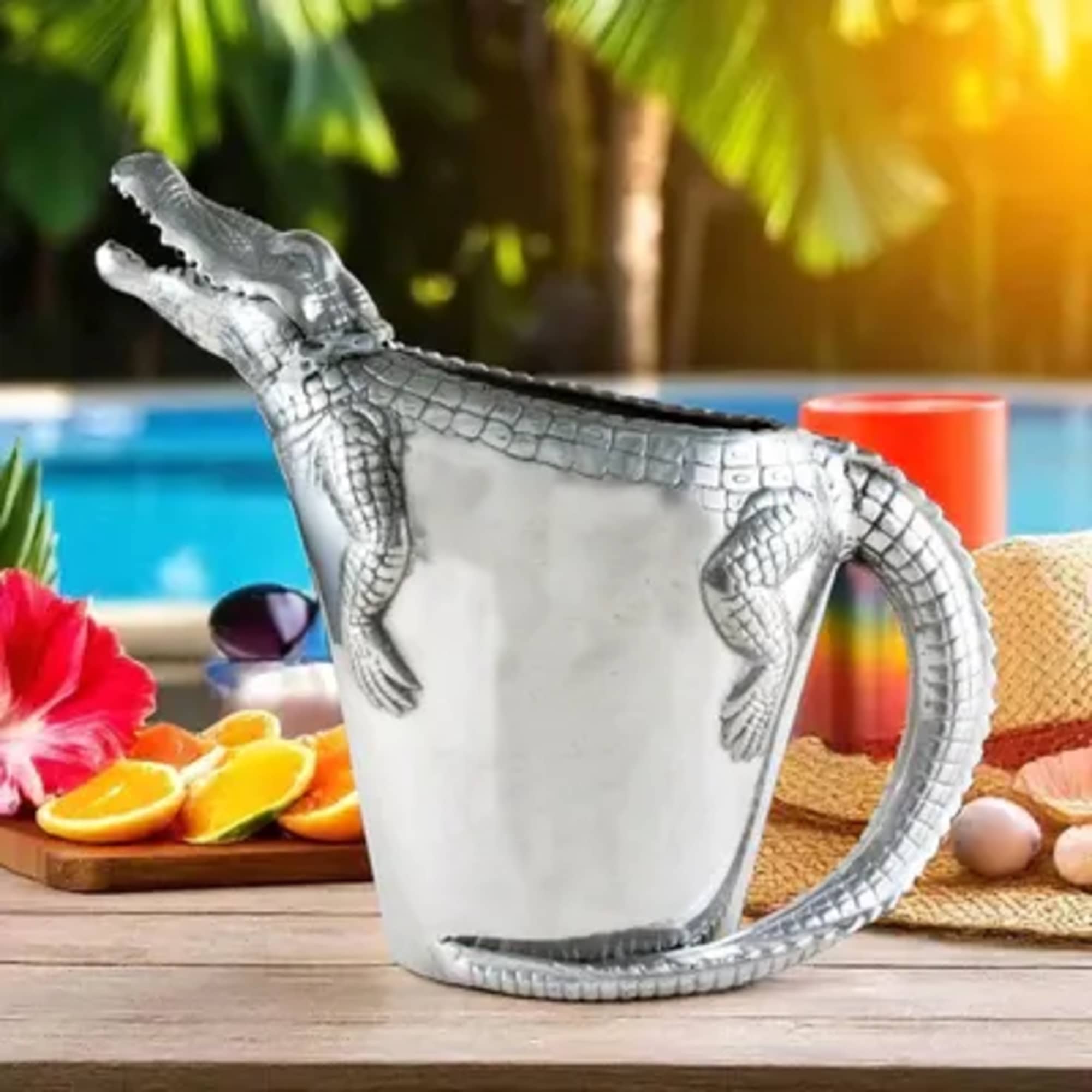 Crocodile-shaped mug on a table with tropical decor